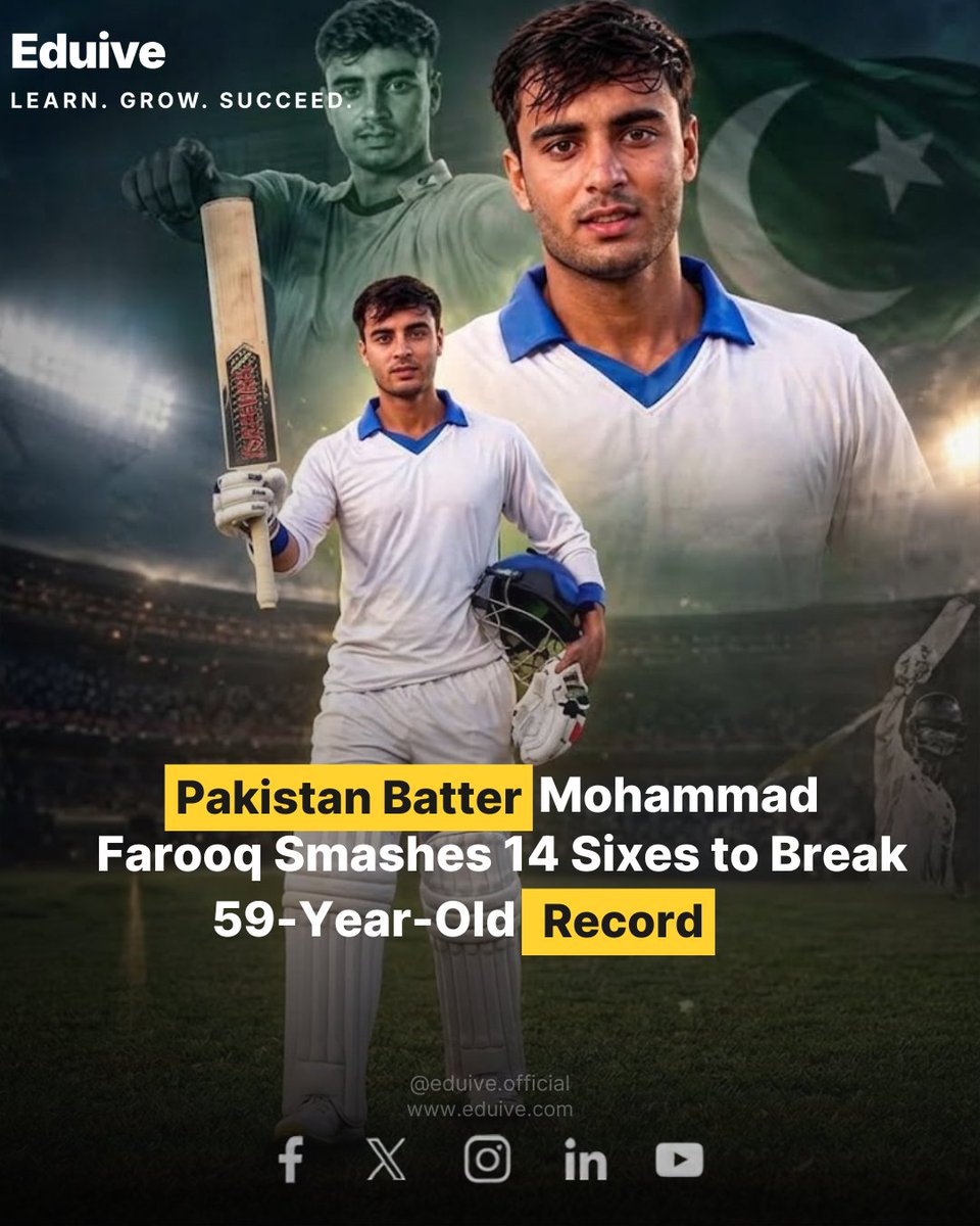Eduive_Official's tweet photo. Pakistan Batter Mohammad Farooq Smashes 14 Sixes to Break 59-Year-Old Record.
23-year-old Pakistani batter Mohammad Farooq made history in the President’s.
​#MohammadFarooq #PakistanCricket https://t.co/lTFT43dyKg