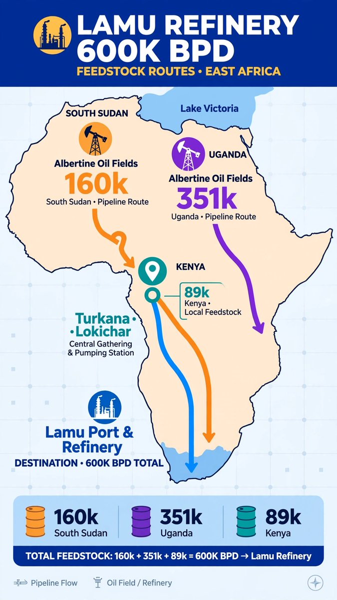 PaulAbwonji's tweet photo. 🇰🇪 Turkana Lokichar: 89k bpd (800km)
🇸🇸 South Sudan: 160k bpd (LAPSSET)
🇺🇬 Uganda Albertine: 351k bpd

Kenya 10% stake = $500M
Groundbreaking: Sept 30

#LamuRefinery #LAPSSET #Dangote @polosa @GhettoRadio895 https://t.co/0NHzD9ydD6