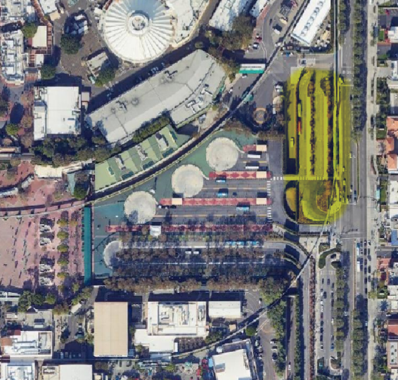 ScottGustin's tweet photo. Construction on the relocated Toy Story Lot shuttle drop-off in the yellow-shaded area will begin in the next few weeks. Once that work is complete, buses will move to the new temporary location as construction continues on the eastern portion of the Esplanade. https://t.co/HMju64w6sX
