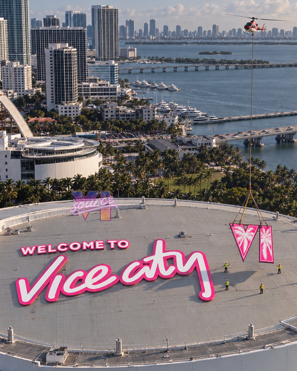SourceVI's tweet photo. 🚨 EXCLUSIVE: Rockstar Games’ spend almost $1 MILLION on massive “WELCOME TO VICE CITY” rooftop sign in Miami as part of the GTA 6 marketing takeover.

New documents reveal $975,000 in fees tied to the Kaseya Center installation, which is currently being assembled by helicopter.

And this is just the FIRST of many GTA VI activations planned across Miami. 🌴🔥 @thrill_com