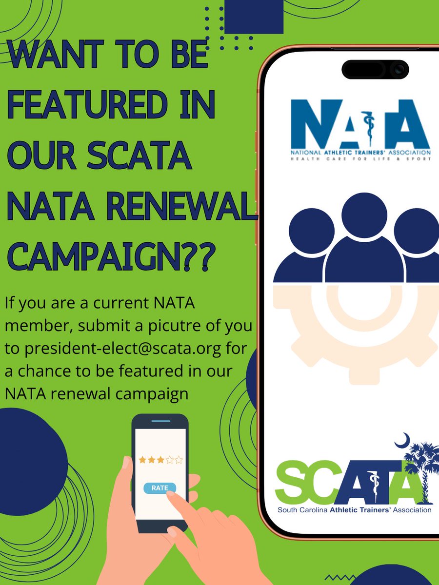 SCATCs's tweet photo. Want to be featured in our SCATA NATA renewal campaign? Are you a current NATA member? If so, email a picture to president-elect@scata.org for a chance to featured in our  NATA renewal campaign. https://t.co/MXHyavJRiy