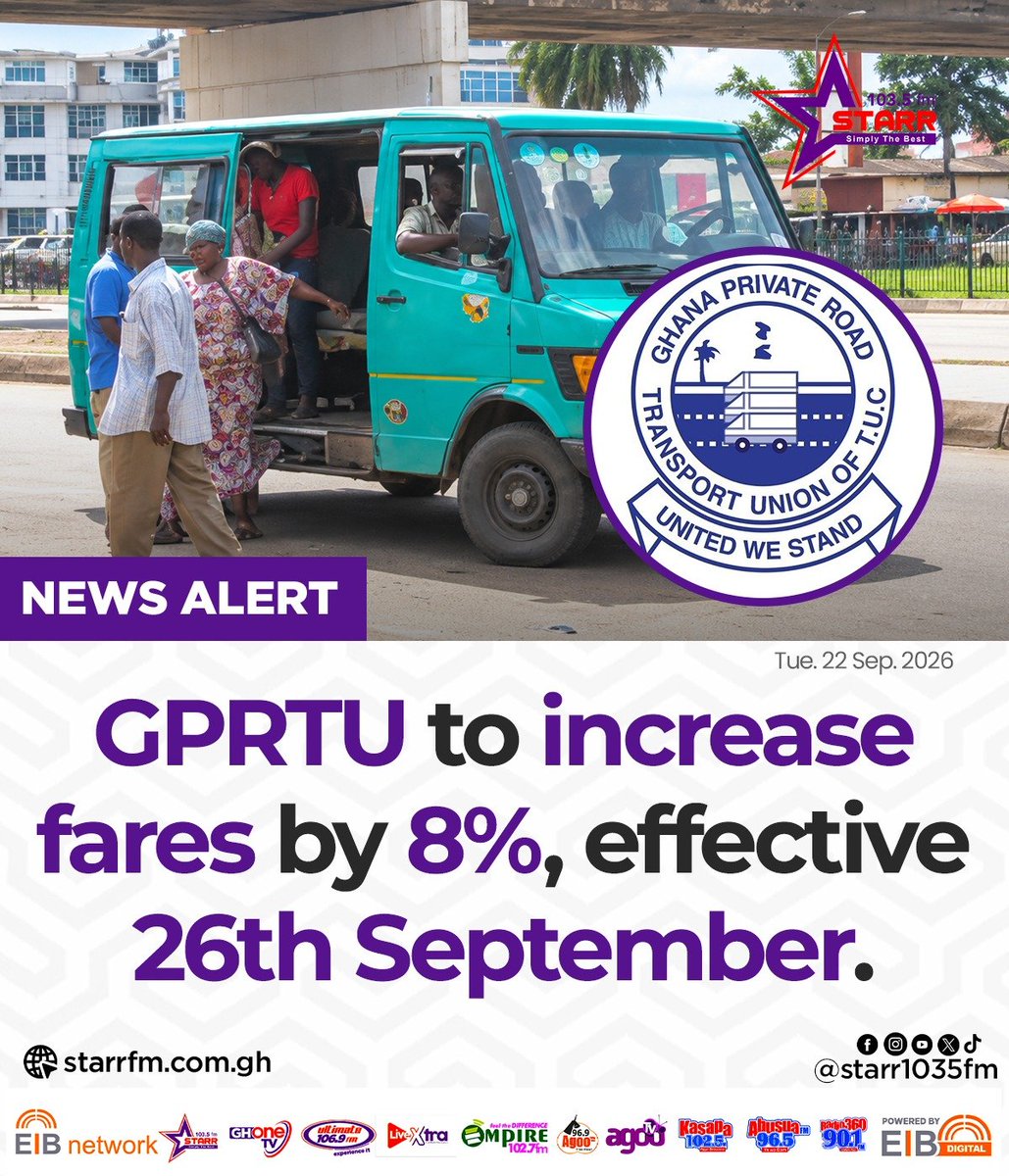 ghonetv's tweet photo. GPRTU to increase fares by 8%, effective 26th September...

#StarrFM
#EIBNetwork #GHOneTV
#GHOneNews #NewsAlert https://t.co/2kaoxlVbXA