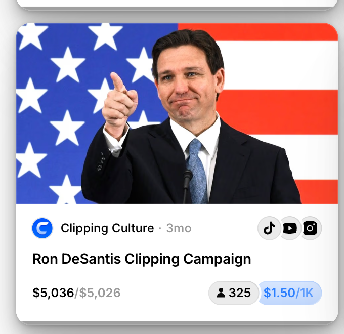 kenbensinger's tweet photo. Content creators were paid $1.50/1,000 clicks to boost Ron DeSantis in a recent clipping campaign. The main rule was "can't make Ron look bad."

It one among a growing number of low-cost, high-volume social media plays that is changing the way political influence is wielded. 1/ https://t.co/cRaArREb51
