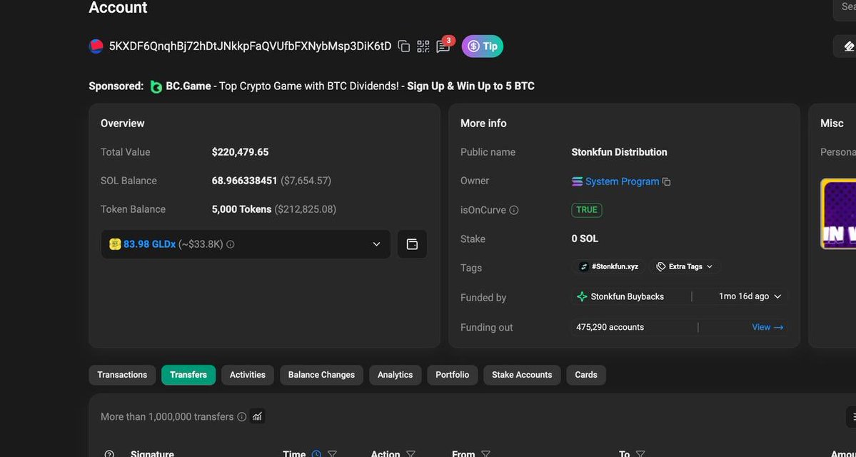 seeexbt's tweet photo. Stonkfun is secretly mishandling tax funds and placing over 7 figures into the team wallets. proof in image below👇 

stonkfun tax fees are manually handed and they are secretly sending tax profits from coins to their team wallets. we all know about one of the popular stonk wallets that gets free supply of coins and sells them on people buys.

what you don’t know is the tax we pay, a good amount of it goes to team wallets and not used for buy back or anything. the team is straight extracting money from us. 8 figs gone and no explanation of where that money is. send stinkfun to 0 asap

stonk wallet: 5KXDF6QnqhBj72hDtJNkkpFaQVUfbFXNybMsp3DiK6tD