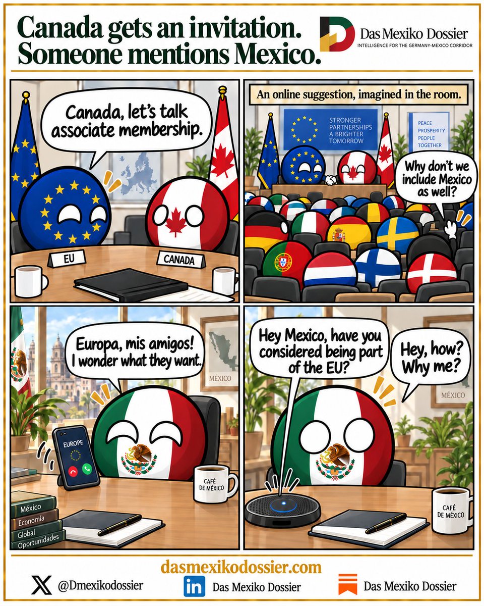 Dmexikodossier's tweet photo. Before you get excited about a Mexican EU passport, let’s cover what happened over the last few days. 🇲🇽🇪🇺

On 16 September, European Commission President Ursula von der Leyen proposed opening the door to Canada becoming the EU’s first “associate member.” That was a real proposal. The details of what this status would mean still need to be defined. Canada hasn’t joined the EU.

On 17 September, Canadian Prime Minister Mark Carney welcomed the idea in the European Parliament. He outlined closer cooperation on trade, defence and technology, alongside opportunities for young people to live, work and study across the Atlantic. Those were ambitions for a partnership they would develop together.

Then Mexico entered the conversation.

That same day, Austrian economist and activist Günther Fehlinger-Jahn posted on X: “I want Mexico in EU now.” His personal suggestion gave us the premise for this comic. An official invitation to Mexico would require considerably more paperwork than a post on X.

And underneath the joke sits a discussion worth having: what would Mexicans actually want out of a much closer relationship with Europe? Easier access to jobs and universities? Better conditions for Mexican businesses selling there? What would Europe ask in return?

We cover the relationship between Mexico, Germany and Europe every week at Das Mexiko Dossier. Sometimes that means explaining trade agreements. Sometimes it means finding out who volunteered Mexico to join the EU while it was away from its desk.

Follow Das Mexiko Dossier for the serious stories and the occasional diplomatic comedy.