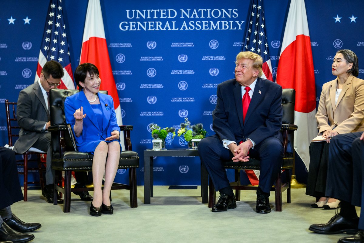 WhiteHouse's tweet photo. President Donald J. Trump and Japanese Prime Minister Sanae Takaichi at the United Nations General Assembly, furthering the strong alliance between the USA and Japan. 🇺🇸🤝🇯🇵 https://t.co/f6oaMGSAfx