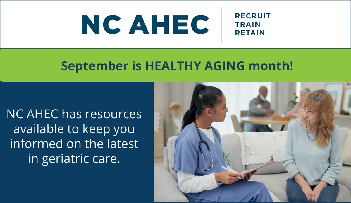 ncahec's tweet photo. September is Healthy Aging Month! To celebrate, @ncahec is highlighting resources to keep you informed on the latest in geriatric care -- all month long! The spotlight today is on courses designed to help you facilitate person-centered advance care planning conversations. Offered in-person on September 29 from 8:30 a.m.-noon at South Piedmont AHEC in Charlotte, Respecting Choices® Advance Care Planning (ACP) Core Component is designed to help you discern what matters most to your patients/clients.  

This course is required one time only and is a pre-requisite for other courses in this series:
✔ Respecting Choices FIRST STEPS® Advance Care Planning (ACP) Facilitator Certification Course | September 29, 12:30 – 4:30
✔ Respecting Choices ADVANCED STEPS® Advance Care Planning (ACP) Facilitator Certification Course | October 6, 8:30 – 1:30

Jointly provided by South Piedmont AHEC Nursing Education and Advance Care Planning Department, Advocate Health, contact hours and CEUs will be awarded. Register now at https://t.co/IiqhcqvjlO.

See more NC AHEC course offerings specific to geriatric populations at https://t.co/SEP4GngQg5.