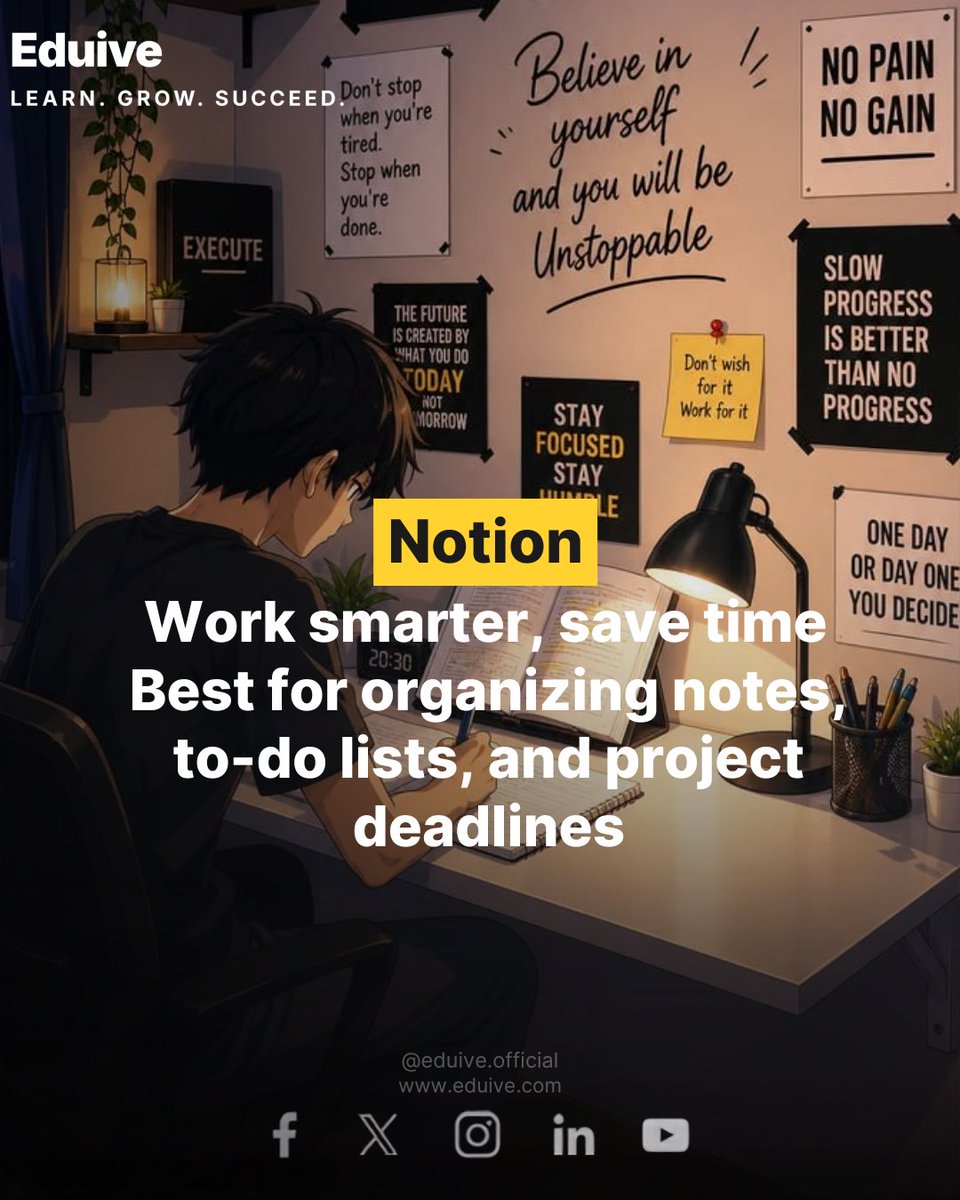 Eduive_Official's tweet photo. Top Essential Apps Every Student Needs.
Easily memorize tough terms and concepts using the spaced repetition technique.Upgrade your study habits and maximize your productivity!
#StudentApps #StudySmart #NotionApp https://t.co/94N6Oy0Asg