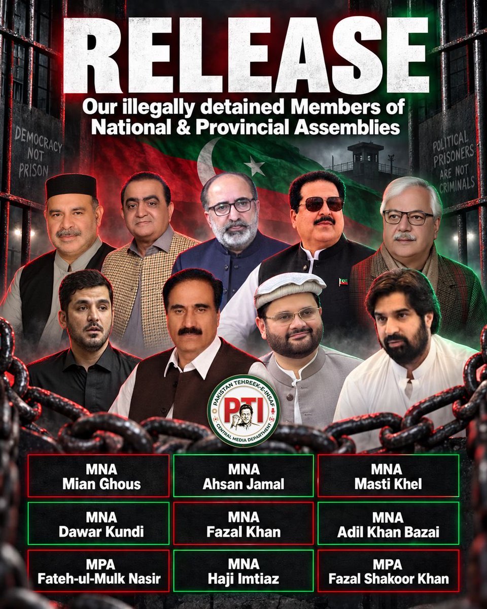 Miqdadbaloch's tweet photo. ظلم اور جبر کی راتیں کبھی دائمی نہیں ہوا کرتیں، اور باطل کا غرور ہمیشہ حق کے سامنے خاک میں ملتا ہے!
آج پاکستان تحریک انصاف کے پرعزم رہنماؤں اور بے گناہ کارکنوں کے خلاف جو لامتناہی انتقامی کارروائیاں کی جا رہی ہیں، وہ اس بات کا روشن ثبوت ہیں کہ حق کی آواز کو دبانے والے خود شدید خوف میں مبتلا ہیں۔ جمال احسان خان، داوڑ کنڈی، ثناء اللہ خان مستی خیل، حاجی امتیاز صاحب، عادل خان بازئی، فضل خان، میاں غوث، سینیٹر سیف اللہ نیازی، شکیل خان، شکور خان اور فتح الملک سمیت سینکڑوں بے گناہ کارکنان اور رہنماء جو اس وقت پابندِ سلاسل ہیں—ان کا جرم صرف یہ ہے کہ انہوں نے اپنے آئینی، قانونی اور جمہوری حق کے لیے آواز اٹھائی، اور اپنے کپتان اور نظریے کے ساتھ چٹان کی طرح ڈٹ کر کھڑے رہے
ایم این اے سردار محمد مقداد علی خان