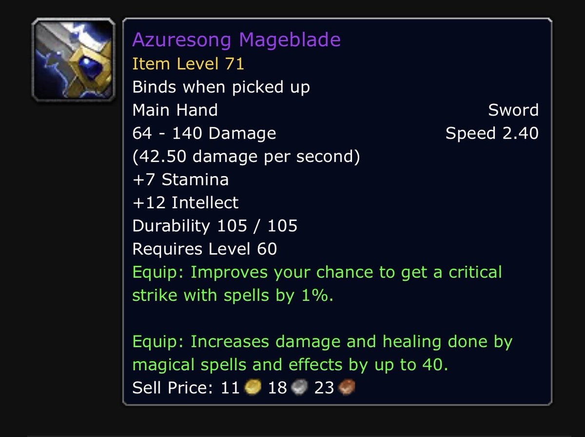 HighestVoida's tweet photo. @NotFabTV For anyone panicking on this the gear we are going to get is not even going to be comparable. SFK drop equippable at 21 with an 8 spell power difference to the premier caster weapon from original Molten Core https://t.co/XWtnlpfIwn