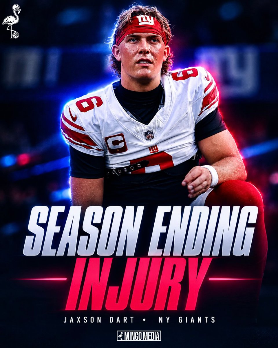 MingoMediaX's tweet photo. #NFL  |  🚨BREAKING: Further testing today revealed #Giants QB Jaxson Dart’s knee injury is worse than initially thought and now he's facing the possibility of season-ending knee surgery. 😭

(per @AdamSchefter and @Rapsheet) https://t.co/ROLYEobn2D