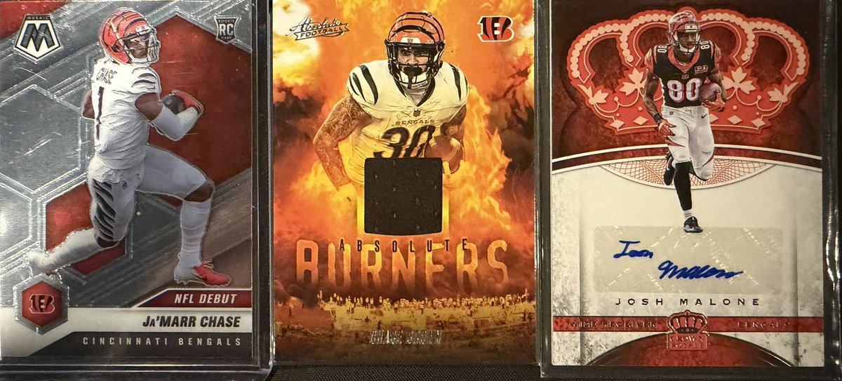 JonnyBengal's tweet photo. 🚨 FREE GIVEAWAY #2🚨 
#Bengals fans (or #NFL fans) enter to win a 3 football card lot
- Ja’Marr Chase rookie card
- Chase Brown jersey card
- Josh Malone (remember him) rookie auto card

To enter and win:
1. Follow me
2. Retweet this post
3. Like and predict the score of the Bengals vs. Steelers game on Sunday

Winner will be selected randomly of who predicts the correct score! If no one predicts the score correctly, winner will be chosen randomly. 

Be on the lookout for more free giveaways this season! #WhoDey