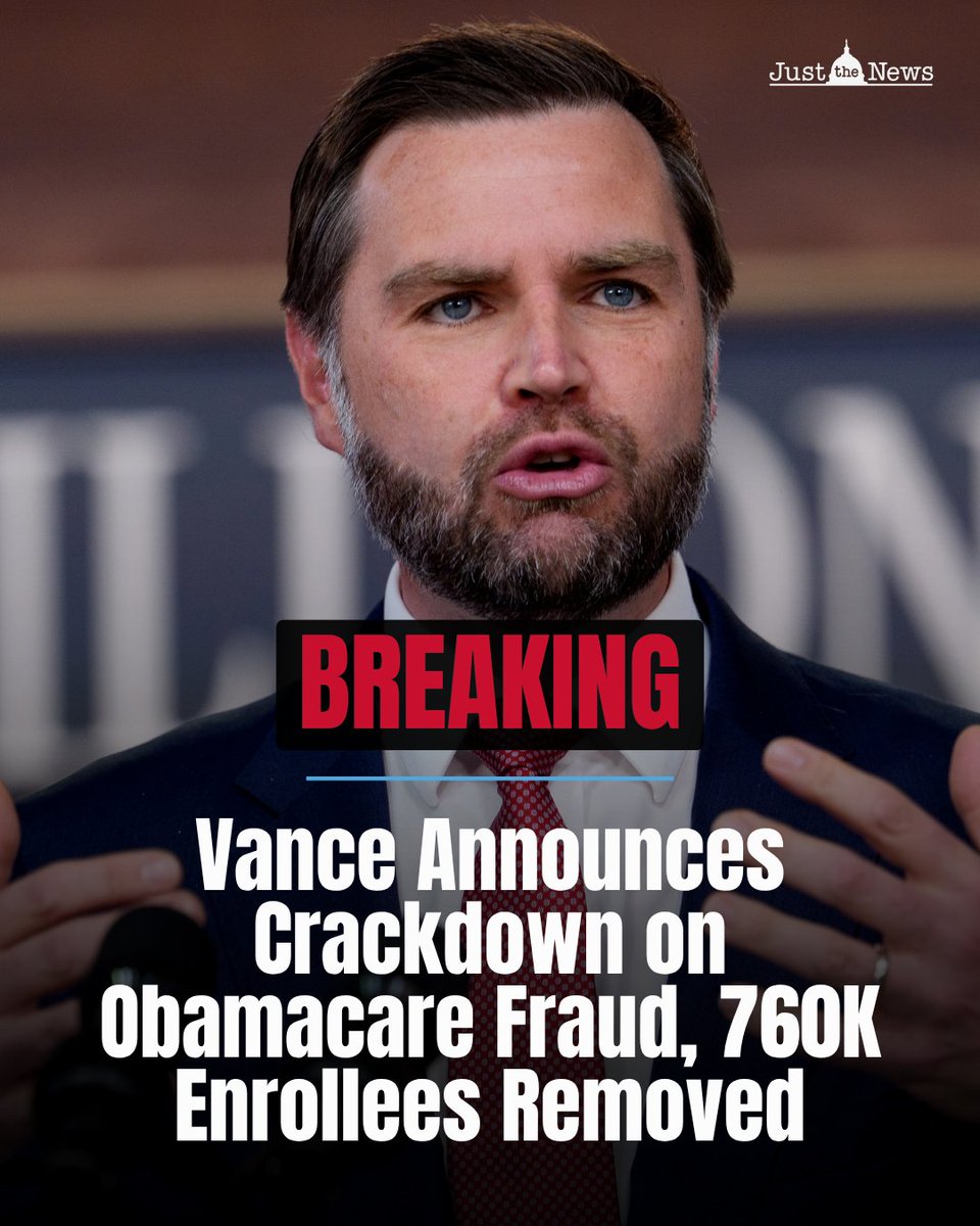 JustTheNews's tweet photo. 🚨BREAKING: The Trump administration is removing roughly 760,000 people from Obamacare exchange coverage following a crackdown on suspected fraudulent and ineligible enrollments.

@VP said the effort identified hundreds of thousands of questionable enrollments, while another roughly 419,000 people will undergo additional verification of their immigration status and income eligibility.

@DrOzCMS also announced a six-month freeze on new Obamacare broker registrations, citing concerns over fraudulent enrollments.