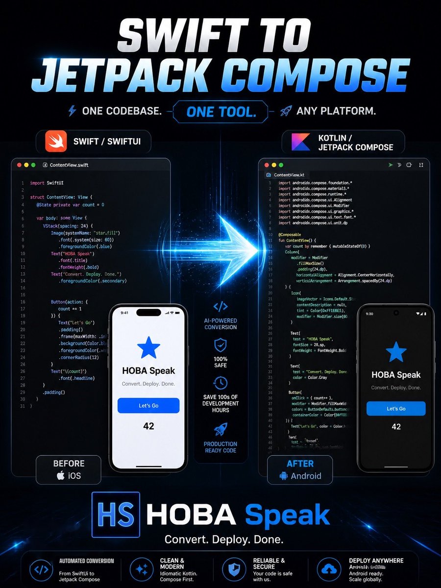 HoBAMel's tweet photo. You built your app in Swift Ui and want to throw it over to Jetpack Compose? Try HoBA Express. $40 dollars for one conversion up to 500mb and no file limits.
https://t.co/WnOAVxXqdD
#indiedev #Saas #Hoba #HobaExpress
#SwiftUi #Jetpack #FastAF https://t.co/TfgCCxGBfM