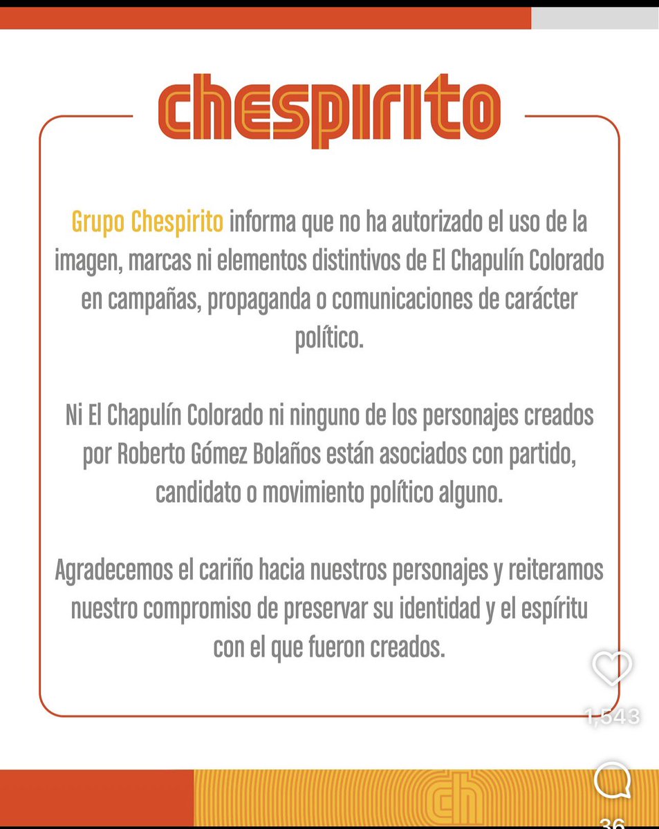 LauraBruges's tweet photo. 🦗Grupo Chespirito informa que NO ha autorizado el uso de la imagen, marcas ni elementos distintivos de El Chapulín Colorado en campañas o propaganda política.

Además, aclara que ninguno de los personajes creados por Roberto Gómez Bolaños está asociado con partidos, candidatos o movimientos políticos.

El pronunciamiento se da en medio de señalamientos por el uso de elementos distintivos de El Chapulín Colorado en pintas que han sido atribuidas a una posible campaña de promoción de Citlalli Hernández rumbo a la alcaldía Cuauhtémoc.