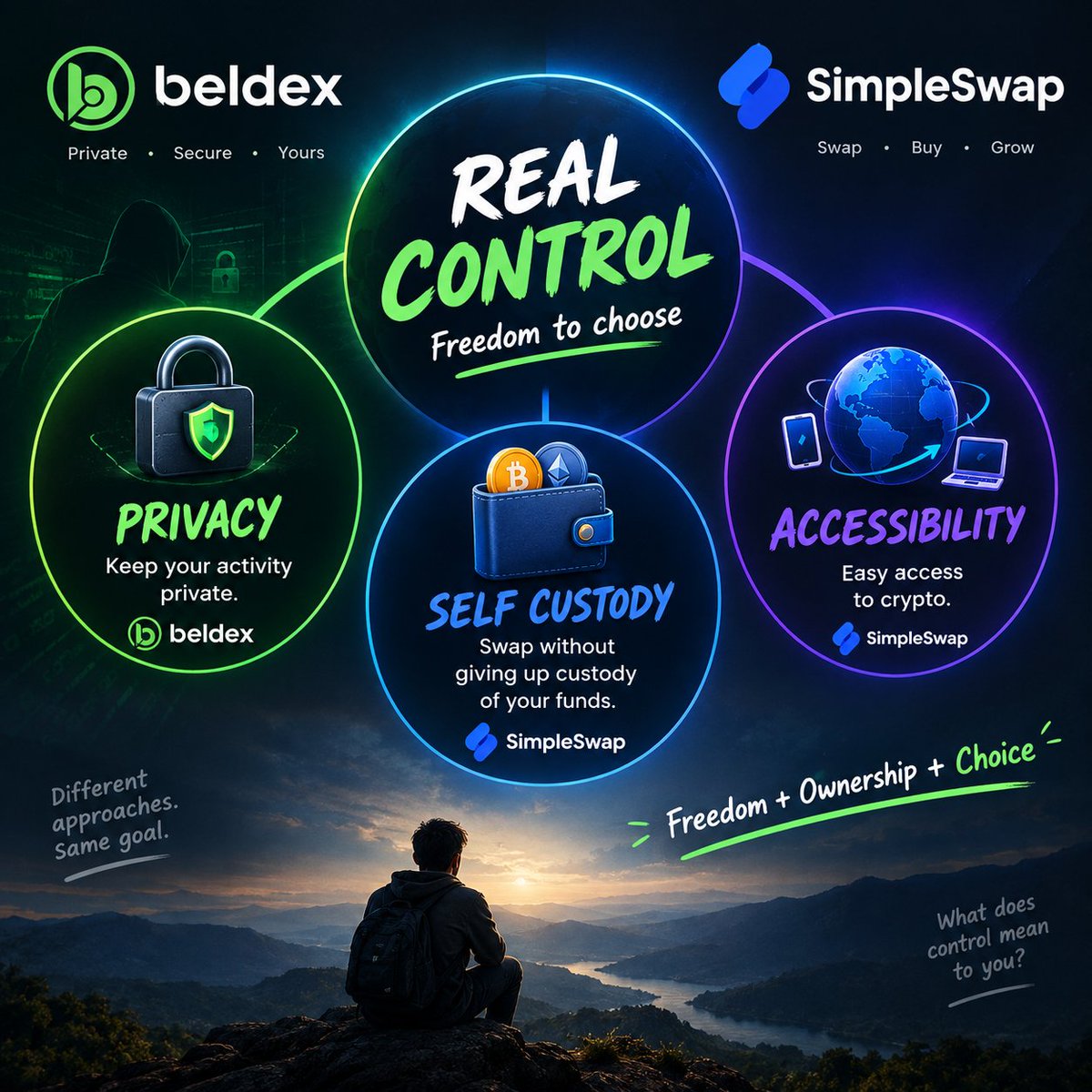 0utlawAT's tweet photo. For me, real control over crypto means having the freedom to decide what happens with my money.

Privacy matters because not everything I do needs to be public. Self custody matters because I want to know my funds are actually in my hands. And accessibility matters because control means little if using crypto is unnecessarily complicated.

That’s why I see privacy, self custody and easy access as different parts of the same thing.

For me, control = freedom + ownership + choice. #SimpleSwapxBeldex
@SimpleSwap_io @BeldexCoin