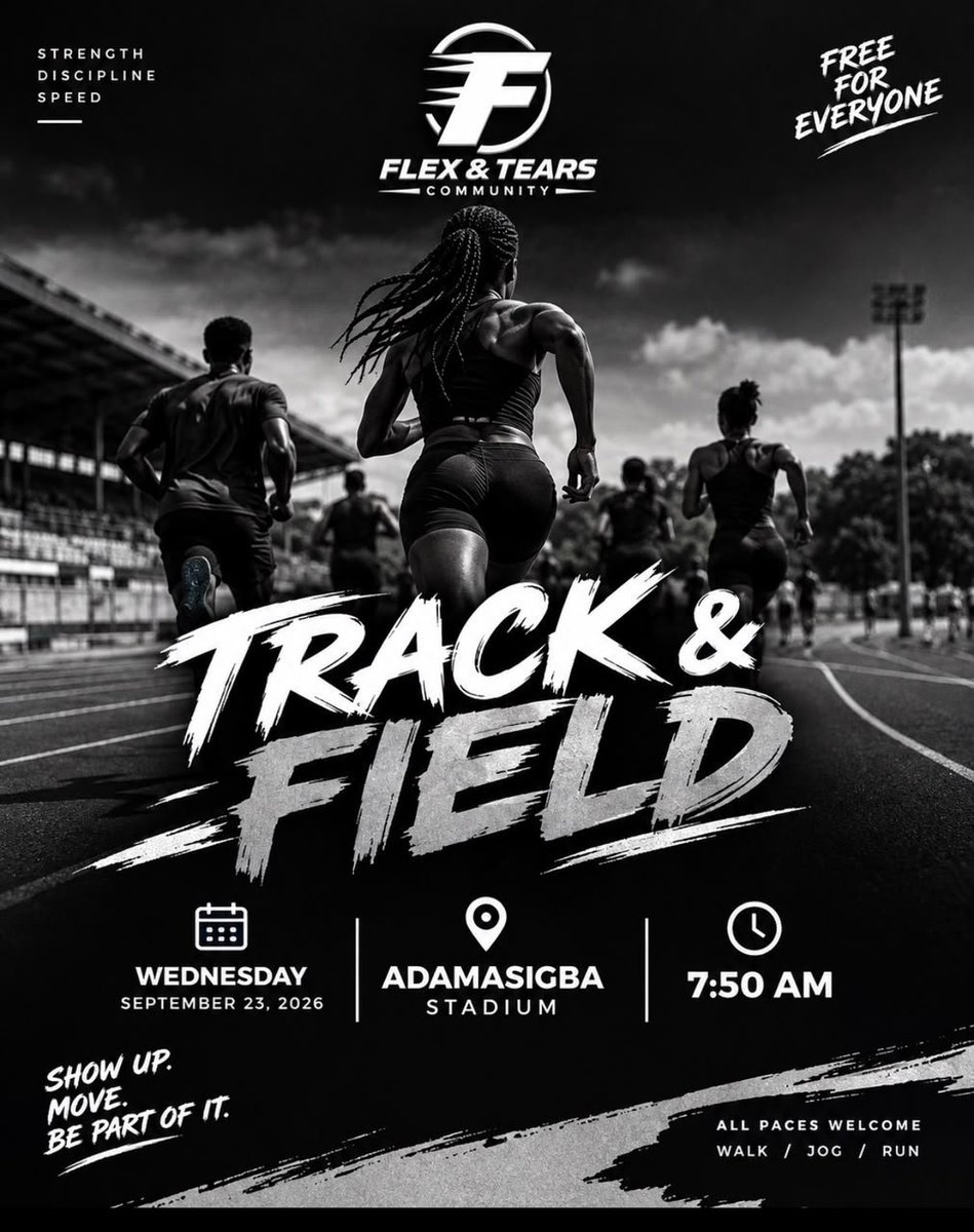 Flexandtearsc's tweet photo. 🏃🏾‍♀️ TRACK &amp; FIELD IS ON!
Tomorrow, we hit Adamasigba Stadium.
No excuses. Just STRENGTH • DISCIPLINE • SPEED.

📍 Adamasigba Stadium
⏰ 7:50 AM
📅 Wednesday, September 23

Come ready to run, train, learn and have fun. https://t.co/WC8cLqAtqL