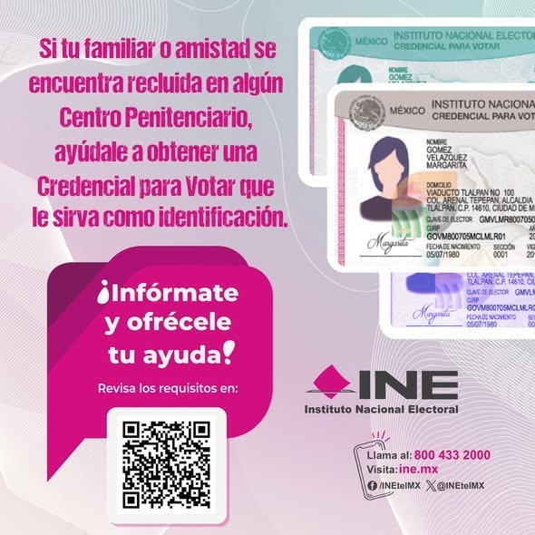 Inejd01's tweet photo. ¡Su derecho a la identidad no se detiene! 
Si tienes un familiar o amistad en reclusión, ayúdalo a obtener su INE. Es fundamental para que tenga una identificación oficial.
¡Infórmate y bríndale tu apoyo! escanea el código QR o visita el sitio web. #INE #DerechoALaIdentidad https://t.co/in00GlDJjO