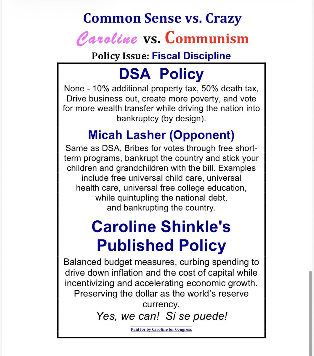 TheRealCShinkle's tweet photo. More evidence of my opponent, Mamdani Supporter Micah Lasher, completely caving in to the DSA. Just look at his policies. Then look at mine. 🇺🇸

#carolineshinkleforcongress #carolinefornewyork #ny12 #nyc #manhattan #congress #commonsense https://t.co/kSGQH43BCr