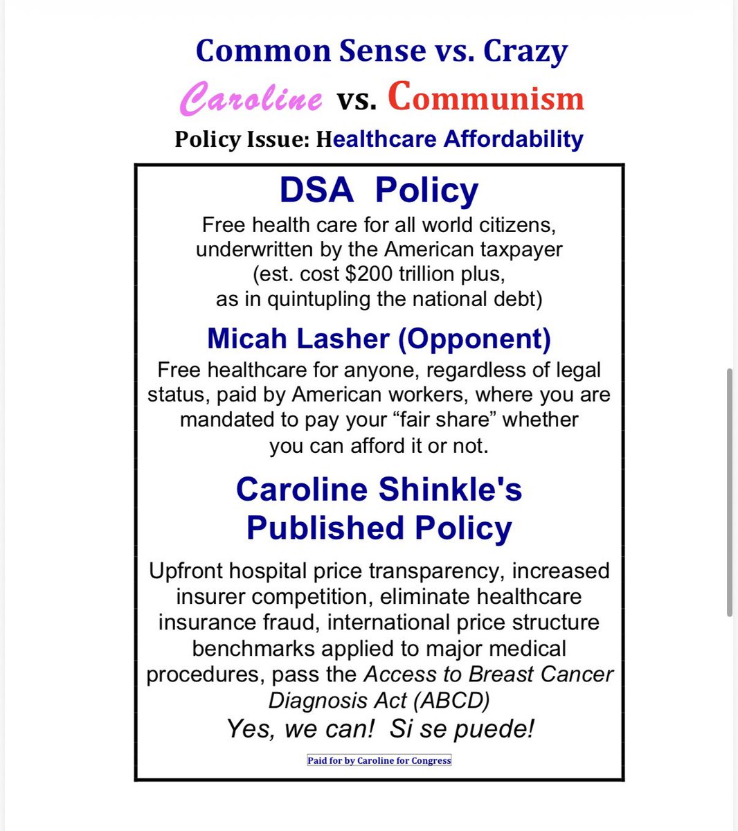 TheRealCShinkle's tweet photo. More evidence of my opponent, Mamdani Supporter Micah Lasher, completely caving in to the DSA. Just look at his policies. Then look at mine. 🇺🇸

#carolineshinkleforcongress #carolinefornewyork #ny12 #nyc #manhattan #congress #commonsense https://t.co/kSGQH43BCr
