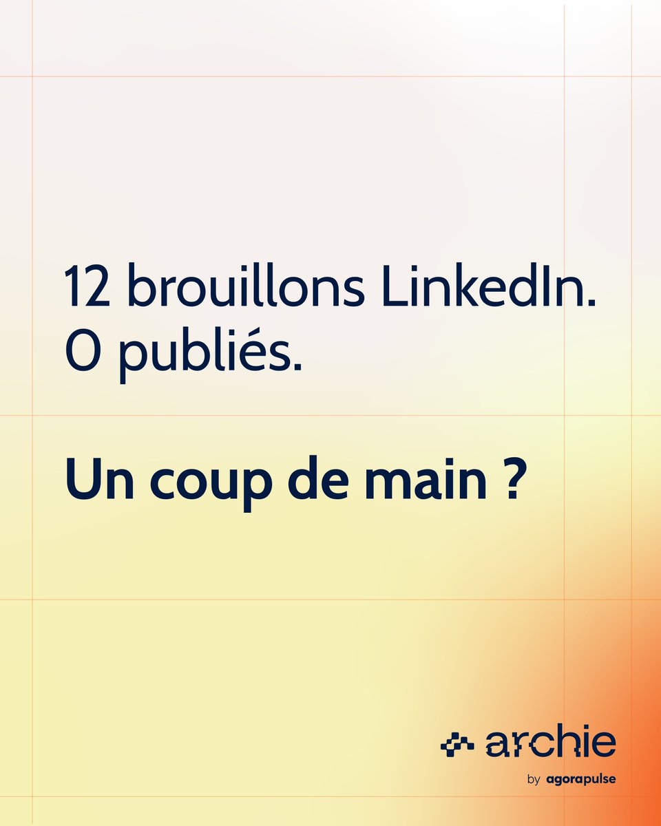 AgoraPulseFR's tweet photo. 12 brouillons LinkedIn. 0 publiés. Besoin d'un coup de main ? ✍️
Cette semaine, nous lançons Archie : l'outil qui transforme vos idées et notes en posts prêts à publier.
À tester dès maintenant ! 👇
#ArchieByAgorapulse https://t.co/s2xWXOcvvL
