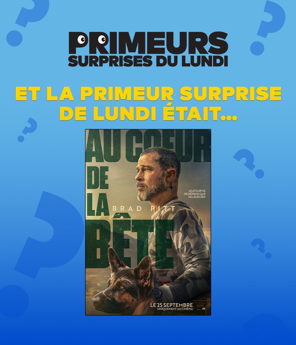 CinemasCineplex's tweet photo. La surprise du lundi était… Au cœur de la bête 💙

Regardez Au cœur de la bête, mettant en vedette Brad Pitt et Uber le chien, en salles ce week-end. 🐶🎬

Restez à l’affût pour les prochaines annonces des Primeurs surprises du lundi… 👀

Billets 🎟️➡️ https://t.co/tQ0YzPDBEV https://t.co/U84Kj6CDAN