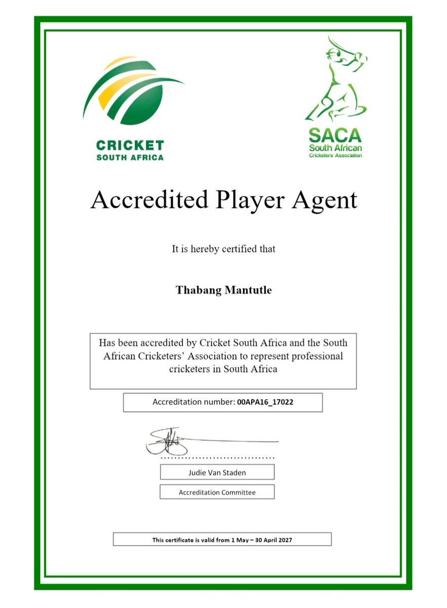 ThabangMantutle's tweet photo. Ladies and Gentlemen,  

It has finally arrived. I can officially present myself as a CSA and SACA accredited player agent.

Im truly grateful.  🙏 https://t.co/MEhe2gE8Hn