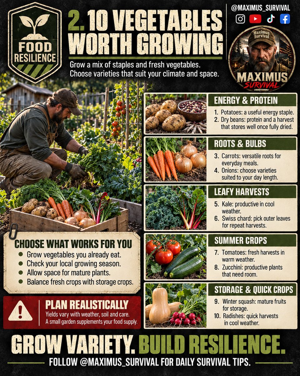 Maximus_Survive's tweet photo. 2️⃣ 10 VEGETABLES WORTH GROWING

Choose crops that earn their place in your garden.

#FoodResilience #Vegetables #Prepper #Preparedness #GrowYourOwn #KitchenGarden #Homesteading #Survival #Gardening #MaximusSurvival https://t.co/Ce8f751Td6