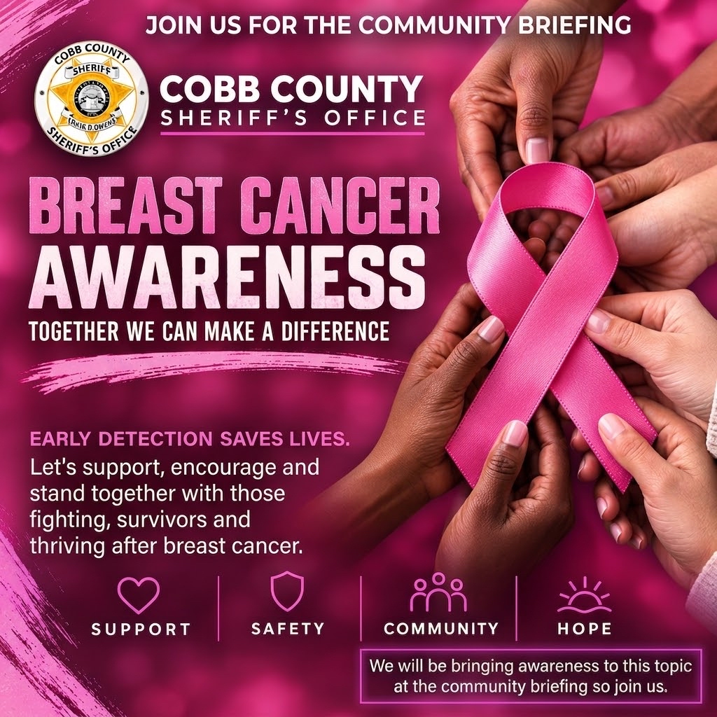 CobbSheriff's tweet photo. This October, the Cobb County Sheriff’s Office honors Breast Cancer &amp; Domestic Violence Awareness Month.
Join our Community Briefing:
📅 Oct 1 @ 6 PM
📍 Cobb County Public Safety Center

Register Here: https://t.co/RE7X0pbsWF

#CobbCountySheriffsOffice https://t.co/acDEoRRArx