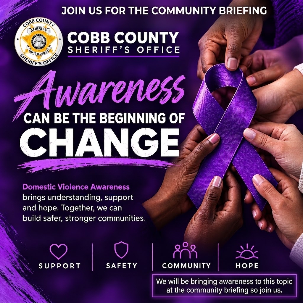 CobbSheriff's tweet photo. This October, the Cobb County Sheriff’s Office honors Breast Cancer &amp; Domestic Violence Awareness Month.
Join our Community Briefing:
📅 Oct 1 @ 6 PM
📍 Cobb County Public Safety Center

Register Here: https://t.co/RE7X0pbsWF

#CobbCountySheriffsOffice https://t.co/acDEoRRArx