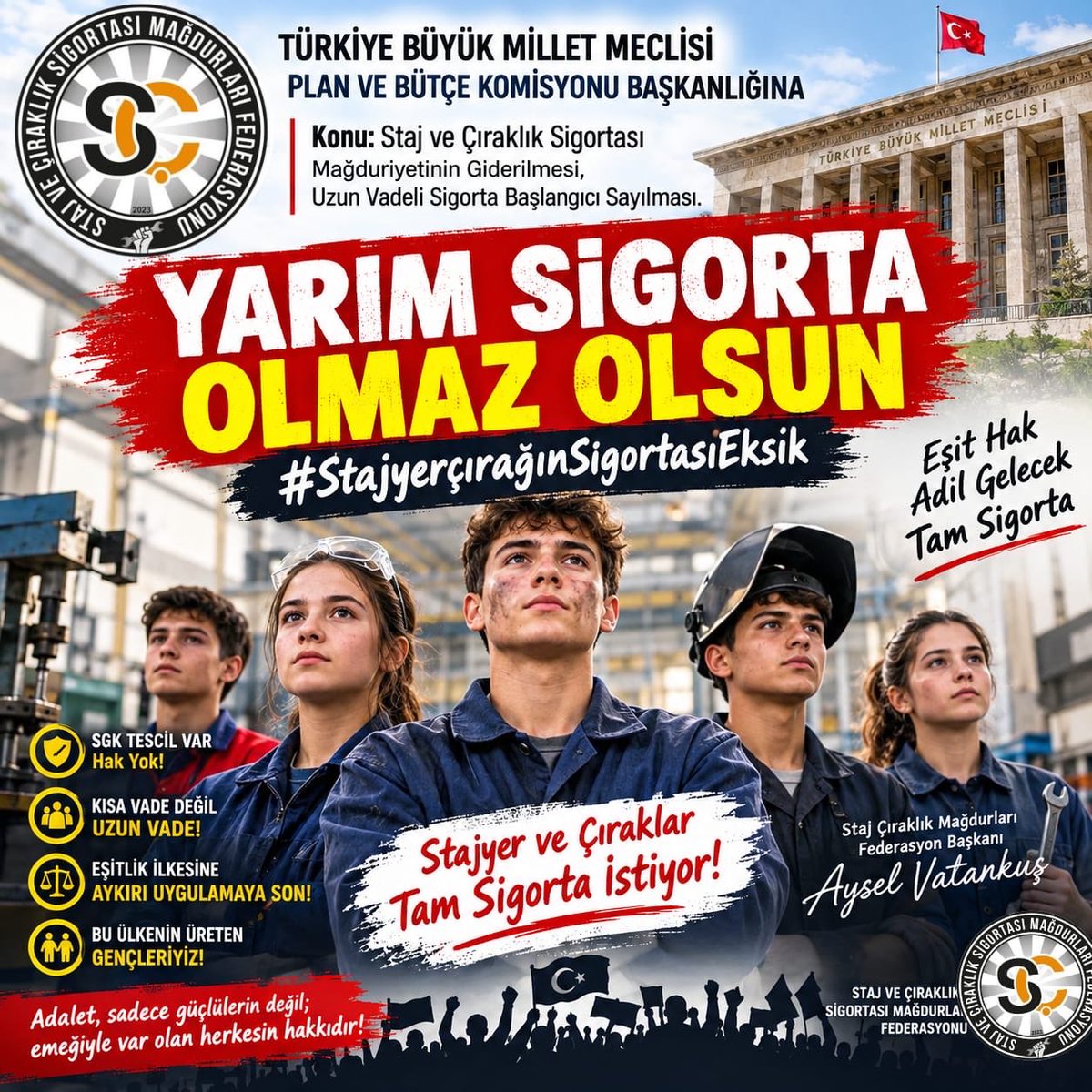 CirakStajFED's tweet photo. TBMM Adalet Komisyonu’na ve Kamuoyuna Çağrımızdır!

Yargıtay tarafından verilen son karar, yıllardır dile getirdiğimiz haklılığımızı bir kez daha hukuki olarak tescillemiştir. 

@Akingurlek_ 
@AbdullhAydgdu 
@burakceylan_ 
@SedatAyyildizz 
@cuneytyuksel_ 
@AvOrhanKIRCALI 
@Emine_Gozgec16 
@avoguzhankaya 
@hasanozturkmen 
@avsbulbul 
@gizemozcanmugla 
@yclblt06 
@YildizFeti 
@ttaskinozer 
@avatakanunver 
@CumhurUzun48 
@_hakanolgun 
@avidrissahin
@isikhanvedat 

Fiilen hizmette bulunmuş bir stajyer/çırak kardeşimizin sigorta başlangıcının haklı mücadelesi Yargıtay nezdinde karşılık bulmuş ve haklılığı kabul edilmiştir.

Ancak çözümün adresi adliye koridorları, bireysel dava süreçleri ve yıllarca süren yargı yükü olmamalıdır! Yüz binlerce mağdurun talebi net: 

Çözüm, Türkiye Büyük Millet Meclisi’dir!

Staj ve Çıraklık Sigortası Mağdurları Federasyonu olarak TBMM Adalet Komisyonu ve tüm milletvekillerimize açıkça sesleniyoruz:

Mahkeme Kapılarında Değil, Meclis Çatısı Altında Çözüm: Vatandaşlarımızı tek tek dava açmak zorunda bırakmak, hem adalete erişimi zorlaştırmakta hem de yargı sistemine devasa bir yük bindirmektedir.

Yasa Tasarısı İhtiyacı: Adalet Komisyonu öncülüğünde, fiilen çalışılmış staj ve çıraklık dönemlerinin uzun vadeli sigorta başlangıcı sayılmasına yönelik kalıcı bir yasa düzenlemesi derhal gündeme alınmalıdır.

Kazanılmış Hakların Teslimi: Alın teri dökülmüş, fiilen hizmet verilmiş günlerin sigortaya sayılması bir lütuf değil, anayasal bir haktır.

Yüce Meclisimizin ve Adalet Komisyonu’nun bu hukuki gerçekliğe ve Yargıtay’ın emsal niteliğindeki yaklaşımına kayıtsız kalmayacağına inanıyor; tüm yetkilileri bir an önce kanun taslağı üzerinde çalışmaya davet ediyoruz.

Haklıydık, Haklılığımız Tescillendi; Şimdi Sıra Yasada!

Saygılarımızla,
Staj ve Çıraklık Sigortası Mağdurları Federasyonu

Yarım Sigorta Olmaz Olsun
#StajyerçırağınSigortasıEksik