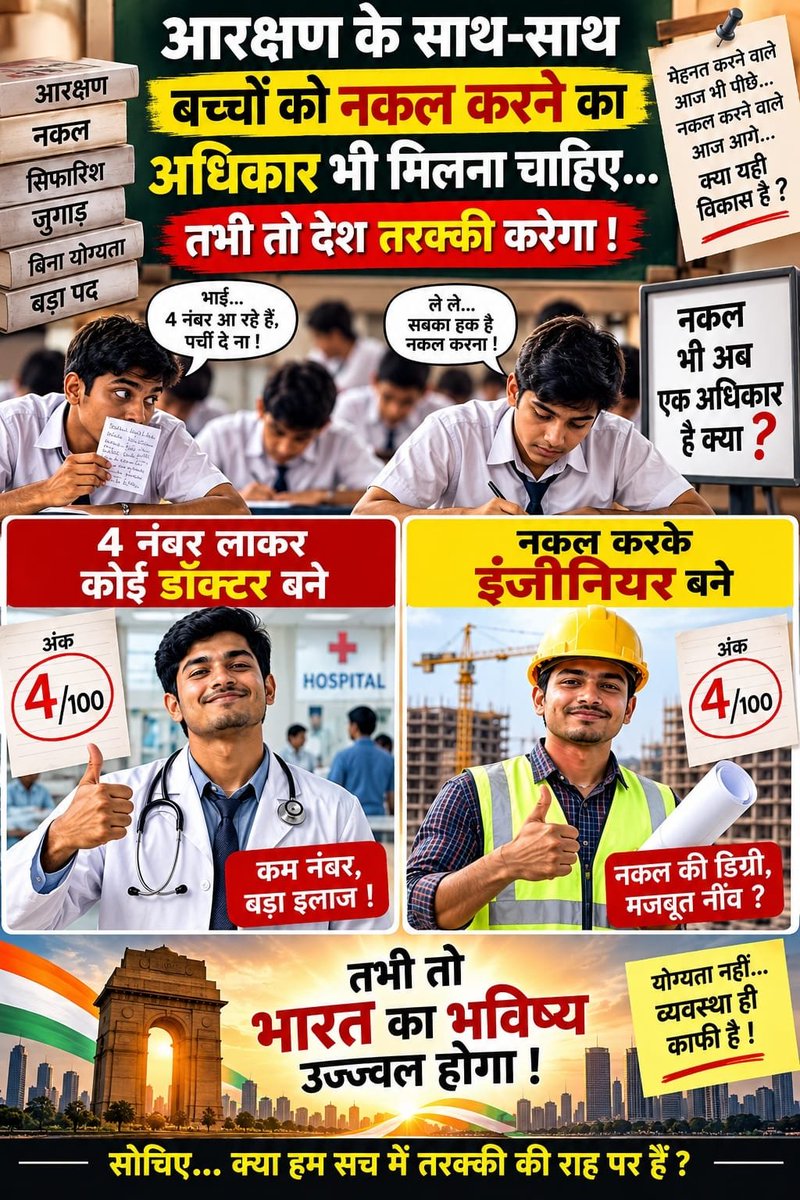 dilipatil's tweet photo. आरक्षणके साथ-साथ बच्चोंको नकल करनेका अधिकारभी मिलनाचाहिए
तभी तो देश तरक्कीकरेगा!

4अंक लाकर कोई डॉक्टर बने
नकल करके इंजीनियर बने
तभी तो भारतका भविष्य उज्ज्वल होगा!
हमको"ऊँचा"और तुमको"नीच" कहनेवाला संविधान है
उंगली उठाना है,तो संविधानपर उठाओ!
सवर्णोंपर नहीं
-ऋचा अनिरुद्ध,जर्नलिस्ट https://t.co/JkYnUR1cLj