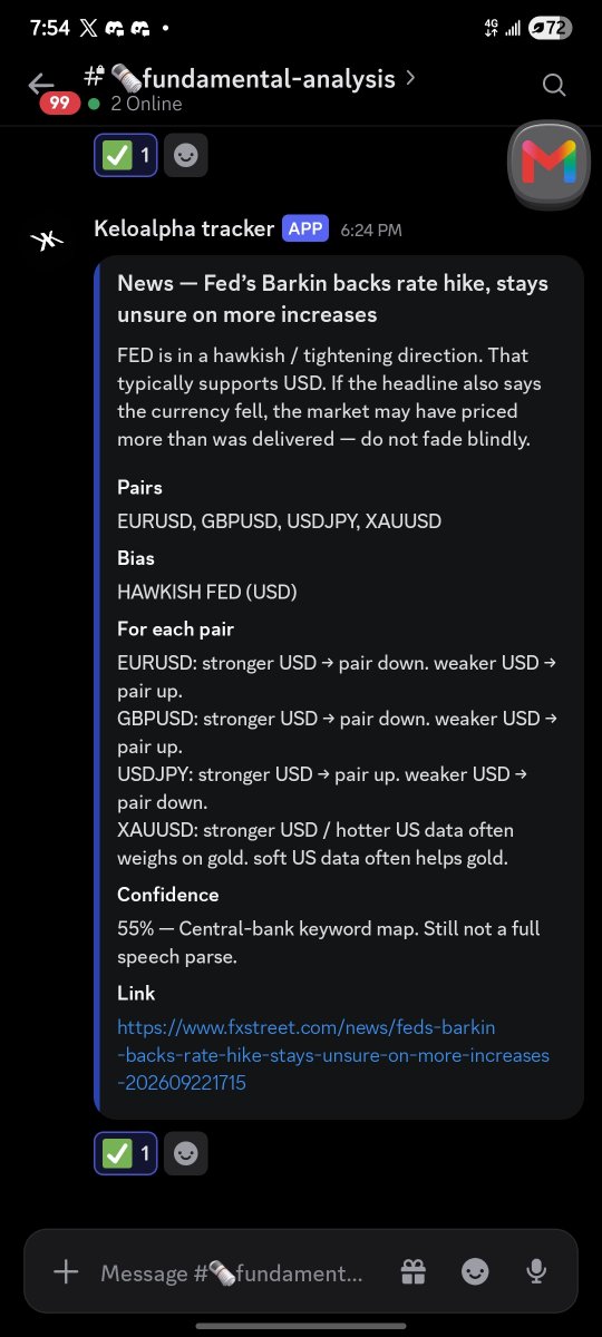 big7ish's tweet photo. One key factor when it comes to trading financial instruments is "fundamentals". Technical analysis show how to get in but doesn't move the market, fundamental does. 

 I've never been a fan of economics and can't keep on monitoring news, so I built a live fundamental analysis bot for myself and @Keloalpha 
 It's not perfect yet. I still need to link the bot to an LLM so it:
- Properly analyze a news.
- Provide a more confident score from its analysis.
- Provide  with a clear direction through confidence scoring.

 Love building stuffs these days! Brick-by-Brick