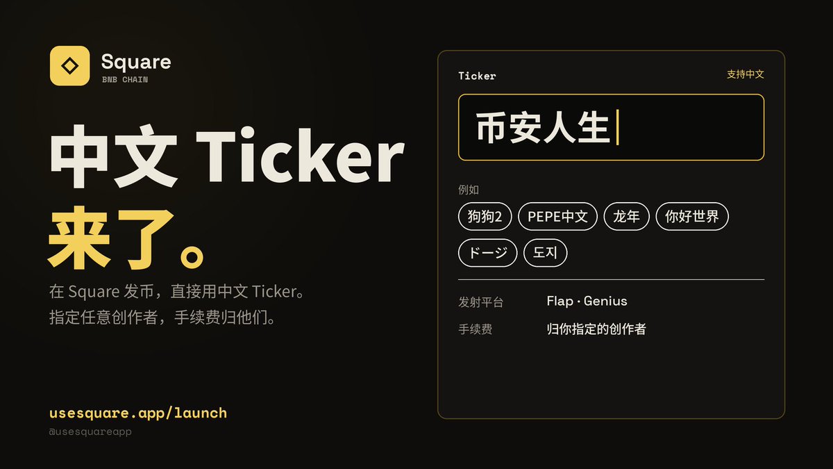 usesquareapp's tweet photo. 中文 Ticker 来了 🟨

现在在 Square 发币，可以直接用中文 Ticker：
币安人生、狗狗、PEPE中文……随你起名 ✍️

→ 支持 Flap 和 @GeniusTerminal
→ 指定任意创作者，交易手续费自动归他们
→ 资金链上托管，创作者随时认领

你的第一个中文币叫什么��👇

https://t.co/dr56kooKBg https://t.co/Nkx4hLc16x