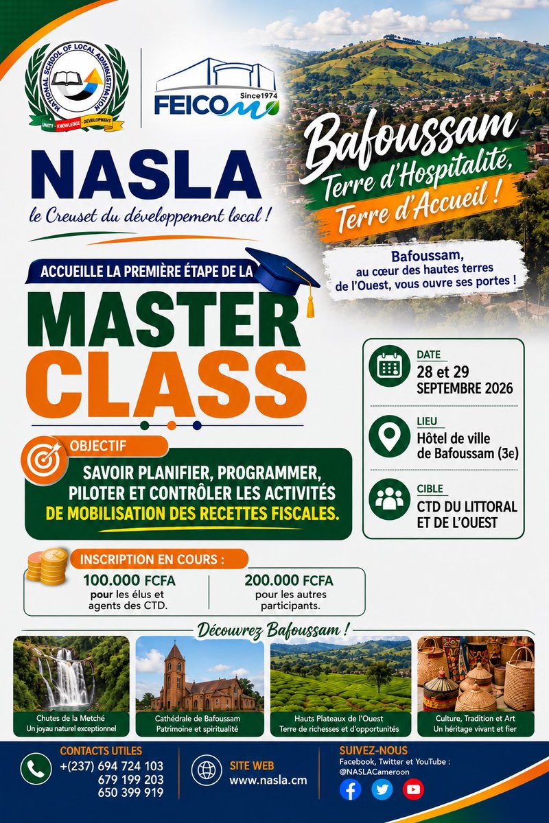 NaslaCameroon's tweet photo. 📍 BAFOUSSAM ACCUEILLE LA MASTER CLASS NASLA !
Les 28–29 septembre 2026, focus sur la gestion des USFL pour une meilleure mobilisation des recettes fiscales locales.
🎯 CTD du Littoral et de l’Ouest
#NASLA #MasterClass #Bafoussam https://t.co/ze8EZHBOfB