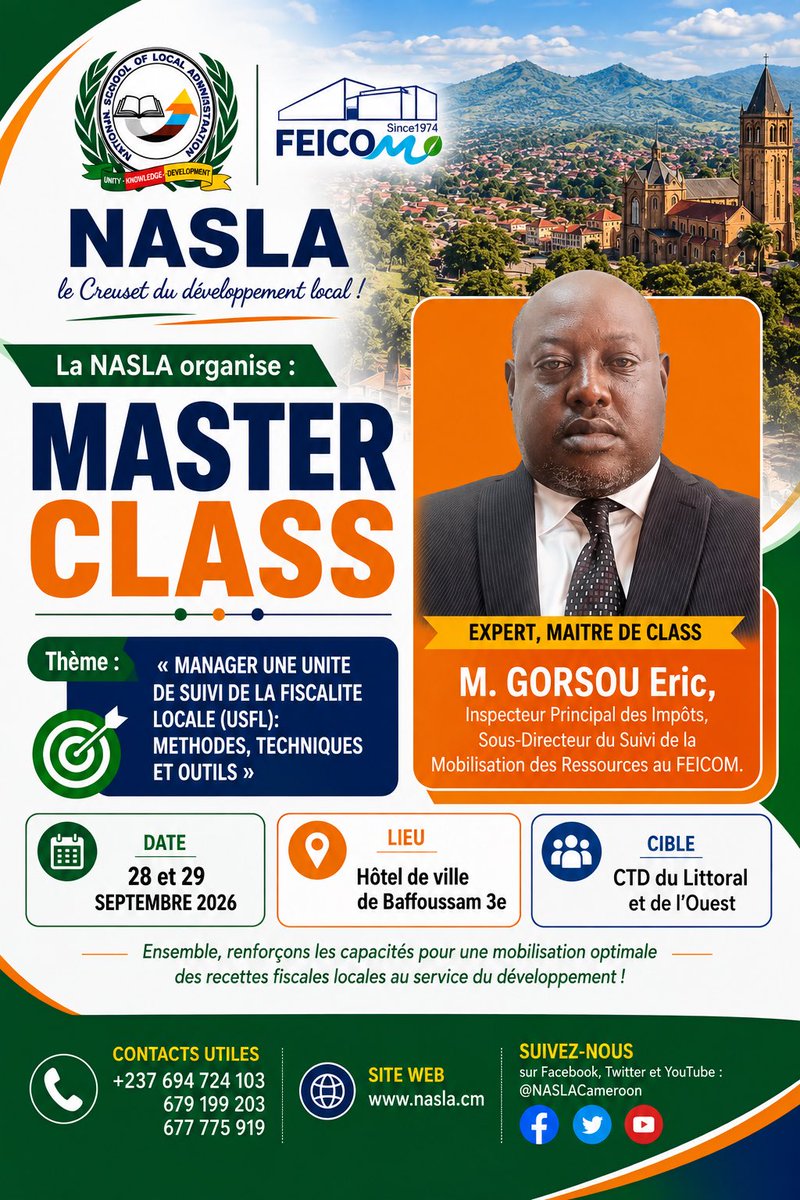NaslaCameroon's tweet photo. 📍 BAFOUSSAM ACCUEILLE LA MASTER CLASS NASLA !
Les 28–29 septembre 2026, focus sur la gestion des USFL pour une meilleure mobilisation des recettes fiscales locales.
🎯 CTD du Littoral et de l’Ouest
#NASLA #MasterClass #Bafoussam https://t.co/ze8EZHBOfB