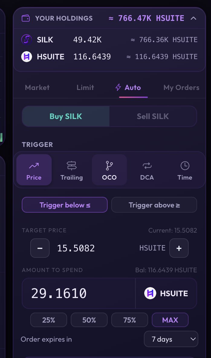 houdini_af's tweet photo. @SilkSuiteDEX @peamocrypto @hedera The Auto trade section is the exciting bit imho, new ways to order unlike any others…. https://t.co/Q86I4IoQPd