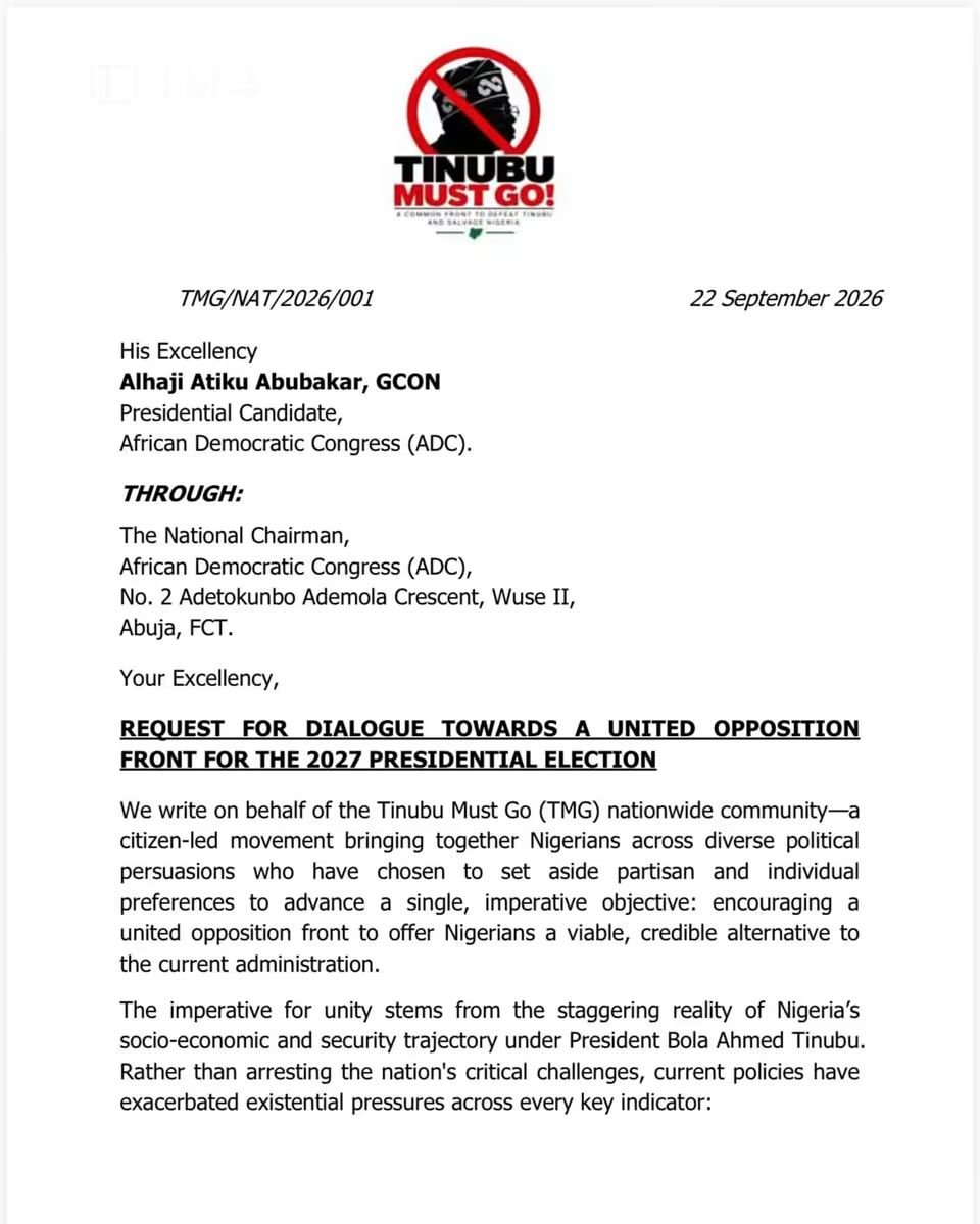 KafinHausaa's tweet photo. BREAKING: TMG has delivered letters seeking cooperation to H.E. Atiku Abubakar and three other presidential candidates.

In a letter signed by @Abbahikima, Esq., he stated that the Tinubu Must Go movement includes supporters of Alhaji Atiku Abubakar, Peter Obi, Omoyele Sowore, Engr. Seyi Makinde, and other opposition party leaders.

The movement’s position is that these leaders should come together to make victory easier. Politics is a game of numbers, and as the Hausa saying goes, “A river does not reject sweetness.”

However, if the leaders fail to unite due to their individual interests, the supporters say they will put aside their political differences and divisions and support whichever candidate the people choose on Thursday, with the aim of defeating Tinubu, God willing.