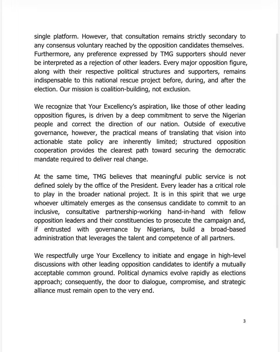 KafinHausaa's tweet photo. BREAKING: TMG has delivered letters seeking cooperation to H.E. Atiku Abubakar and three other presidential candidates.

In a letter signed by @Abbahikima, Esq., he stated that the Tinubu Must Go movement includes supporters of Alhaji Atiku Abubakar, Peter Obi, Omoyele Sowore, Engr. Seyi Makinde, and other opposition party leaders.

The movement’s position is that these leaders should come together to make victory easier. Politics is a game of numbers, and as the Hausa saying goes, “A river does not reject sweetness.”

However, if the leaders fail to unite due to their individual interests, the supporters say they will put aside their political differences and divisions and support whichever candidate the people choose on Thursday, with the aim of defeating Tinubu, God willing.