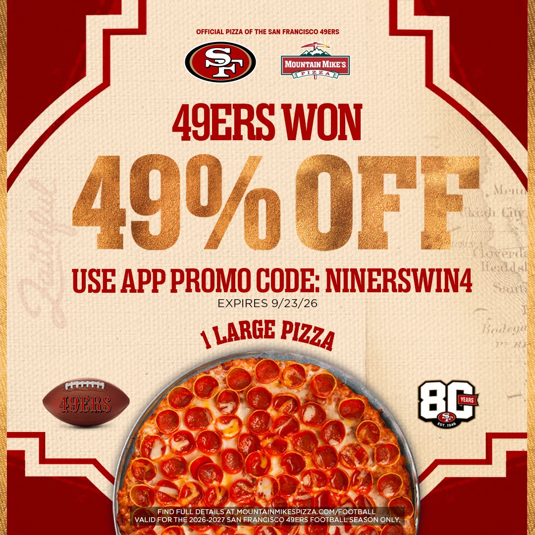 49ers's tweet photo. A win means more @MountainMikes pizza 👏

🍕: https://t.co/DVhyuya0Pj https://t.co/luUbuQZZTw