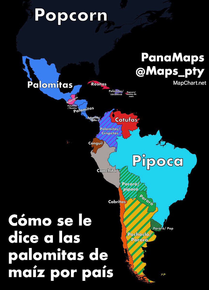 Maps_Pty's tweet photo. Cómo se le dice a las palomitas de maíz por país 🍿 https://t.co/C6fCWetgcB