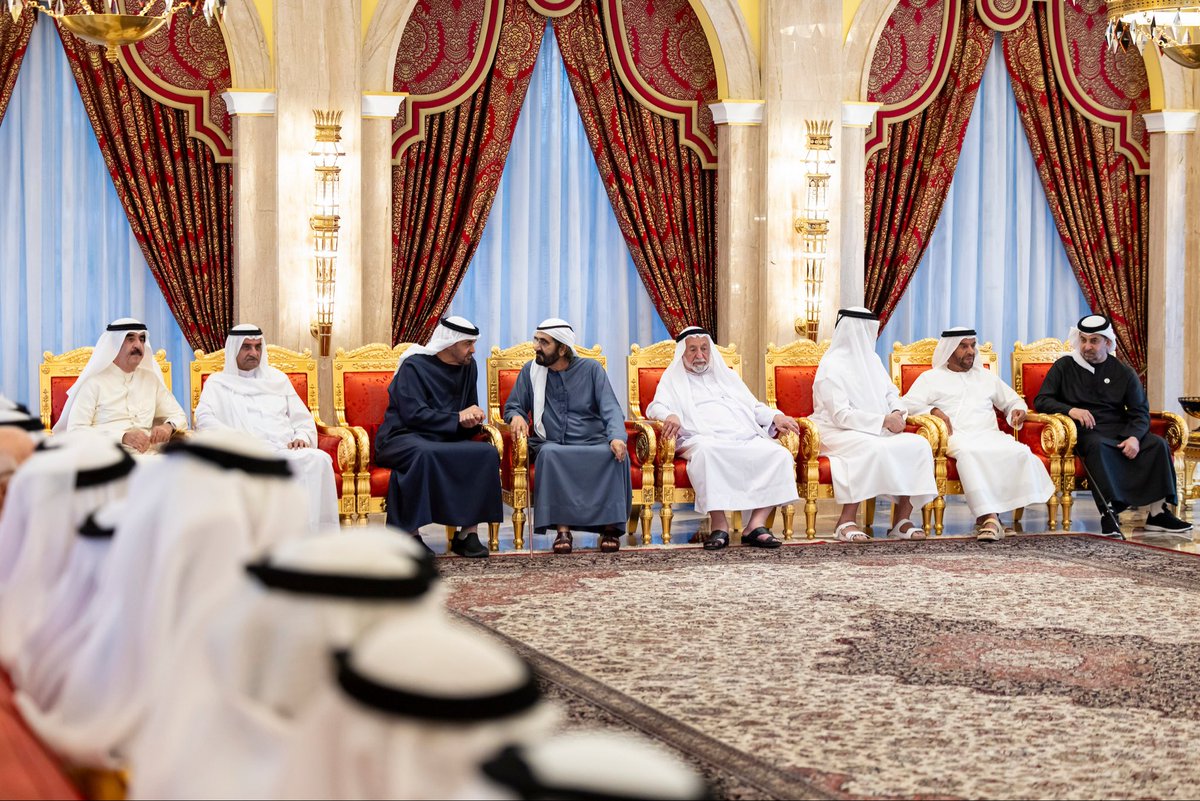HHShkDrSultan's tweet photo. رئيس الدولة وحكام الإمارات والشيوخ يعزون محمد بن راشد في وفاة أحمد بن راشد

UAE President, Rulers of the Emirates, and Sheikhs offer condolences to Mohammed bin Rashid on passing of Ahmed bin Rashid https://t.co/H9YaSfU9NE