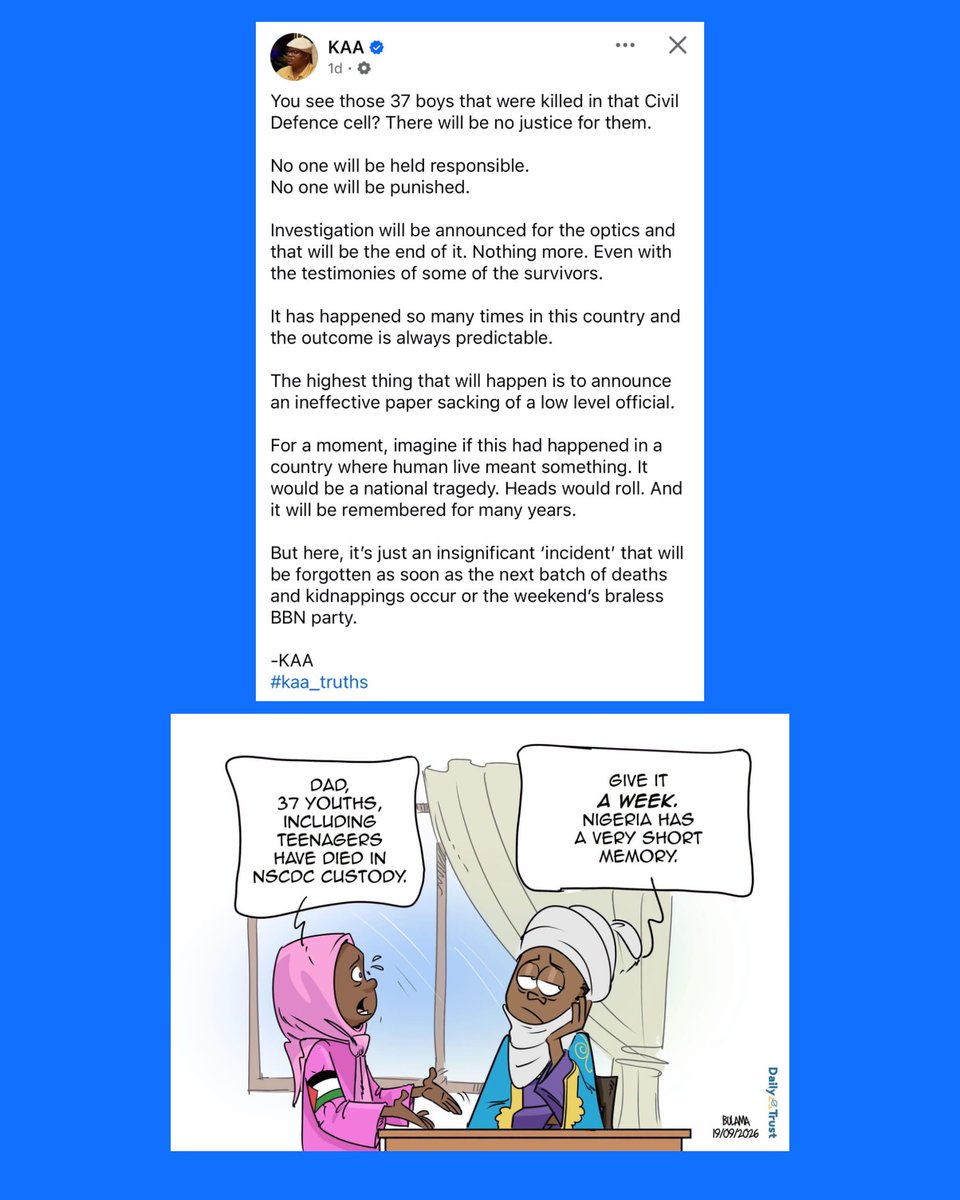 king_dr_fahad's tweet photo. Kaa Truth and Bulama Cartoon are right. Hardly anything will be done.

It’ll all be in the air in the coming weeks. The truth will be buried. Justice unserved. An kashe banza, just like the many before them.

It hurts so much.

May Nigeria never happen to us. https://t.co/XoRRo5gMlq