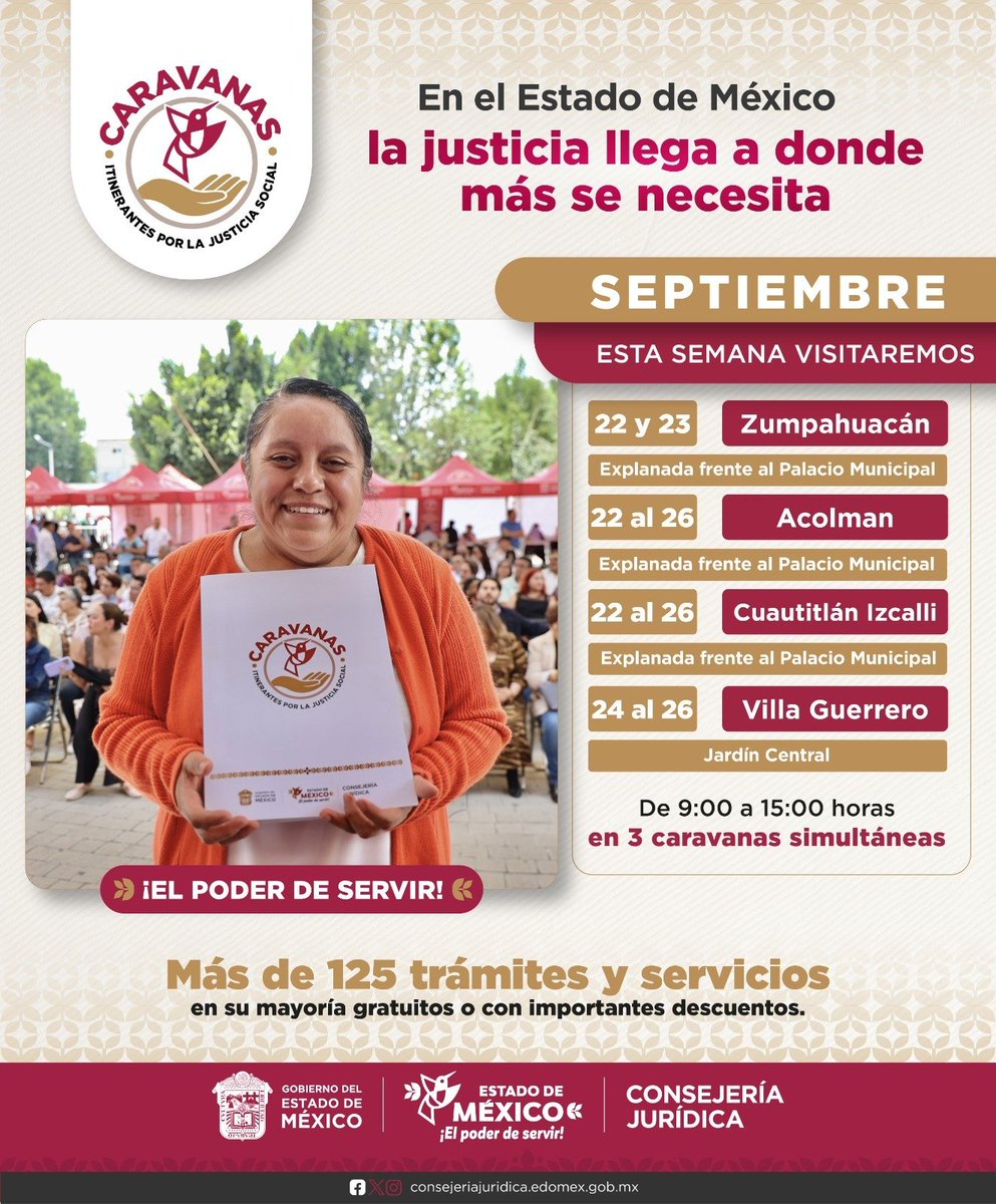 ScR12's tweet photo. ¿Tienes trámites pendientes? Del 22 al 26 de septiembre, las Caravanas Itinerantes por la Justicia Social estarán en Zumpahuacán, Villa Guerrero, Acolman y Cuautitlán Izcalli.
Consulta requisitos y sedes: https://t.co/ZUJwxfw6QH
@delfinagomeza @Edomex @CJ_Edomex
#ElPoderDeServir https://t.co/J8634TWdAe