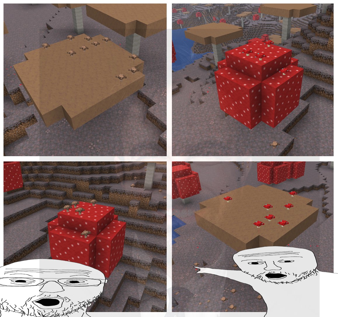 Always_Muddy's tweet photo. The changes made to mushrooms also influenced the mushroom fields in a weird way 🍄

I hope they keep this!! 😼

btw, I forgot to mention, Tom Holland went to the party and he got pinned by a black dude to the wall like a gecko, and that's how Miles Morales was born https://t.co/tMQbYGCVYL