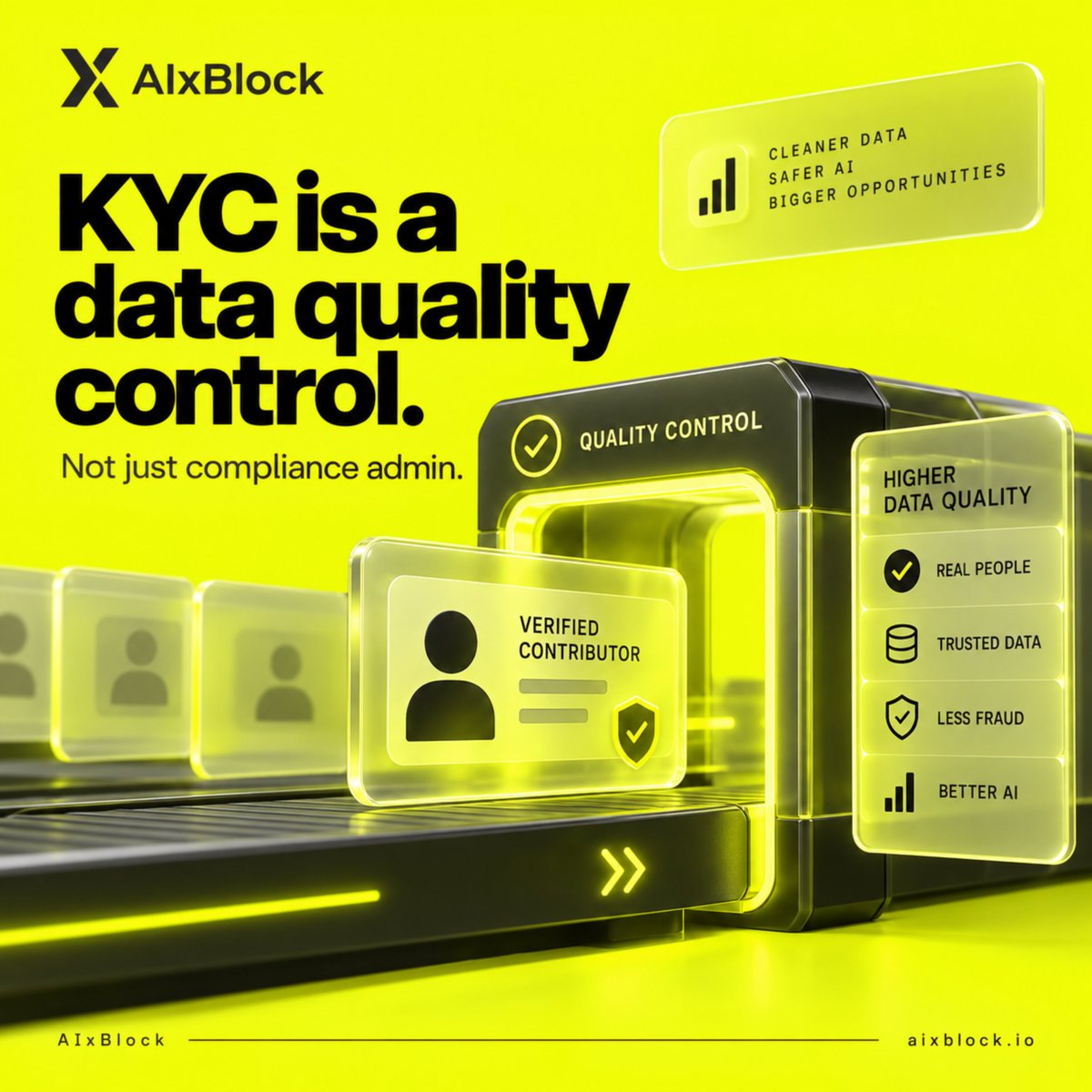 AIxBlock's tweet photo. KYC is usually treated as compliance admin.
For AI data, it is also a 𝐪𝐮𝐚𝐥𝐢𝐭𝐲 𝐜𝐨𝐧𝐭𝐫𝐨𝐥.
Because the wrong contributor can change the dataset.

Proxy work changes quality.
Account sharing changes consistency.
Fake profiles change trust.
Automation misuse changes the signal.
Identity mismatch creates audit risk.

This matters across many AI data programs:
speech collection
video collection
Physical AI tasks
expert review
healthcare workflows
human feedback
evaluation tasks

AIxBlock applies contributor verification where required, including KYC, device checks, session controls, and review workflows.
Not because every project needs the same control.
Because every project needs the right control for its risk.
For enterprise AI, contributor identity is not separate from data quality.
It is part of it.
#KYC #DataIntegrity #EnterpriseAI #AIData #DataQuality