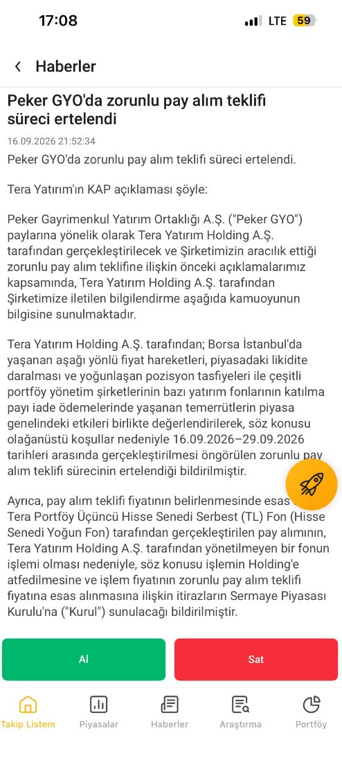 tahtanotlari's tweet photo. PEKGY YATIRIMCISINDAN DİKKAT ÇEKEN MAĞDURİYET

Bu konunun da açıklığa kavuşturulması gerekiyor.

SPK tarafından onaylanan PEKGY zorunlu pay alım teklifinde fiyat 18,77 TL, teklif dönemi ise 16–29 Eylül 2026 olarak ilan edildi.

Üstelik tekliften, 27 Şubat 2026 itibarıyla pay sahibi olup paylarını hâlen elinde bulunduran yatırımcıların yararlanabileceği açıkland��.

Bana ulaşan bir yatırımcı, bu şartları taşıdığını ve 16 Eylül'de VakıfBank'a giderek pay alım teklifinden yararlanmak için satış formunu verdiğini söylüyor.

Ancak yatırımcının aktardığına göre işlem kabul edilmedi. VakıfBank'a yaptığı başvuruya verilen yazılı cevapta da 16.09.2026 tarihli KAP duyurusu gerekçe gösterilerek zorunlu pay alım teklifinin ertelendiği belirtiliyor.

Buradaki kritik nokta şu:

16 Eylül'deki KAP açıklamasında Tera Yatırım Holding'in süreci ertelediğini bildirdiği yazıyor; fakat aynı açıklamada “bu aşamada Kurul tarafından verilmiş bir erteleme onayı bulunmamaktadır” ifadesi de yer alıyor.

Ayrıca Tera Yatırım Holding, teklif fiyatının belirlenmesine de itiraz ederek takvimin ve fiyatın yeniden değerlendirilmesi için SPK'ya başvurduğunu açıkladı.

Dolayısıyla yatırımcının sorusu gayet açık:

SPK tarafından onaylanmış ve 16 Eylül'de başlaması öngörülmüş bir zorunlu pay al��m teklifinden yararlanmak isteyen yatırımcının talebi, SPK'nın erteleme kararı henüz açıklanmamışken hangi hukuki/teknik dayanakla kabul edilmedi?

Eğer SPK sonradan erteleme veya fiyat konusunda yeni bir karar verdiyse bunun da kamuoyuna açık şekilde duyurulması gerekiyor.

PEKGY yatırımcısı zaten ciddi fiyat hareketlerinin içerisinde kaldı. Belirsizliğin daha fazla uzamaması ve zorunlu pay alım teklifinin takviminin, fiyatının ve mevcut hak sahiplerinin durumunun netleştirilmesi gerekiyor.

Bu yatırımcının elinde başvuru ve banka cevabı da mevcut.

@spkgovtr @HMBakanligi @Takasbank @MerkeziKayitTur @memetsimsek

#PEKGY #Tera #TeraYatırım #SPK #YatırımcıHakları #TeraFonMağdurları 

https://t.co/89bdp2LohA

https://t.co/EvARkoqj4o

https://t.co/wFn7omPCU4