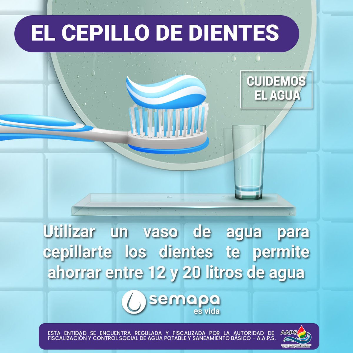 SemapaBo's tweet photo. 🔹𝗖𝗨𝗜𝗗𝗔𝗗𝗢 𝗗𝗘𝗟 𝗔𝗚𝗨𝗔 #𝟭💧
Al cepillarte ¿Qué es lo más simple que puede hacer?
¡Cerrar la llave del agua mientras se cepilla los dientes!
Evita desperdiciar hasta 15 litros de agua en cada cepillado.
#AhorremosAgua💦
#cadagotacuenta
#SEMAPA https://t.co/Xfc1iyas72