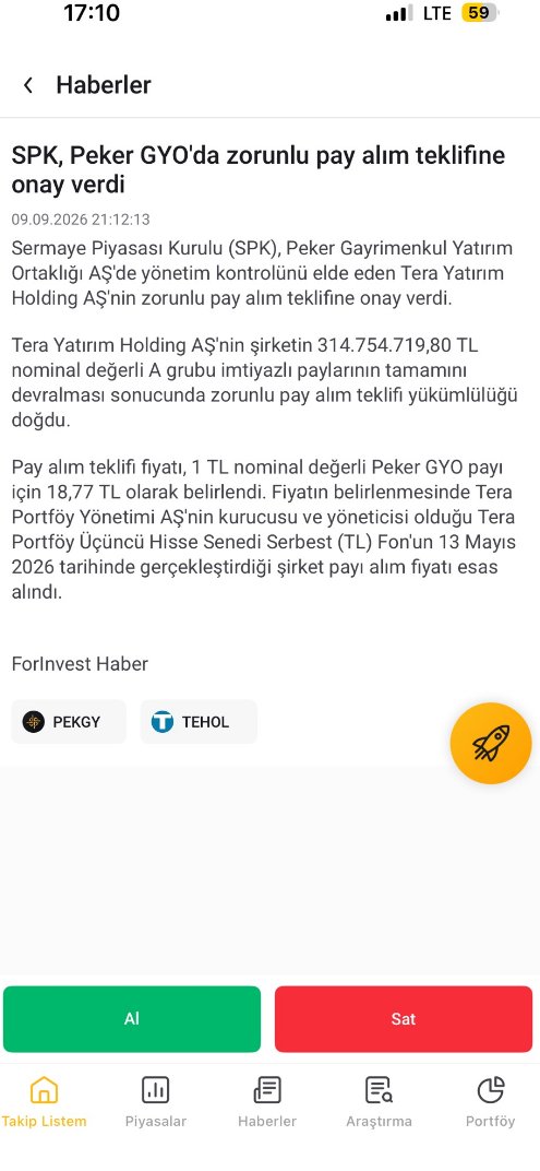 tahtanotlari's tweet photo. PEKGY YATIRIMCISINDAN DİKKAT ÇEKEN MAĞDURİYET

Bu konunun da açıklığa kavuşturulması gerekiyor.

SPK tarafından onaylanan PEKGY zorunlu pay alım teklifinde fiyat 18,77 TL, teklif dönemi ise 16–29 Eylül 2026 olarak ilan edildi.

Üstelik tekliften, 27 Şubat 2026 itibarıyla pay sahibi olup paylarını hâlen elinde bulunduran yatırımcıların yararlanabileceği açıkland��.

Bana ulaşan bir yatırımcı, bu şartları taşıdığını ve 16 Eylül'de VakıfBank'a giderek pay alım teklifinden yararlanmak için satış formunu verdiğini söylüyor.

Ancak yatırımcının aktardığına göre işlem kabul edilmedi. VakıfBank'a yaptığı başvuruya verilen yazılı cevapta da 16.09.2026 tarihli KAP duyurusu gerekçe gösterilerek zorunlu pay alım teklifinin ertelendiği belirtiliyor.

Buradaki kritik nokta şu:

16 Eylül'deki KAP açıklamasında Tera Yatırım Holding'in süreci ertelediğini bildirdiği yazıyor; fakat aynı açıklamada “bu aşamada Kurul tarafından verilmiş bir erteleme onayı bulunmamaktadır” ifadesi de yer alıyor.

Ayrıca Tera Yatırım Holding, teklif fiyatının belirlenmesine de itiraz ederek takvimin ve fiyatın yeniden değerlendirilmesi için SPK'ya başvurduğunu açıkladı.

Dolayısıyla yatırımcının sorusu gayet açık:

SPK tarafından onaylanmış ve 16 Eylül'de başlaması öngörülmüş bir zorunlu pay al��m teklifinden yararlanmak isteyen yatırımcının talebi, SPK'nın erteleme kararı henüz açıklanmamışken hangi hukuki/teknik dayanakla kabul edilmedi?

Eğer SPK sonradan erteleme veya fiyat konusunda yeni bir karar verdiyse bunun da kamuoyuna açık şekilde duyurulması gerekiyor.

PEKGY yatırımcısı zaten ciddi fiyat hareketlerinin içerisinde kaldı. Belirsizliğin daha fazla uzamaması ve zorunlu pay alım teklifinin takviminin, fiyatının ve mevcut hak sahiplerinin durumunun netleştirilmesi gerekiyor.

Bu yatırımcının elinde başvuru ve banka cevabı da mevcut.

@spkgovtr @HMBakanligi @Takasbank @MerkeziKayitTur @memetsimsek

#PEKGY #Tera #TeraYatırım #SPK #YatırımcıHakları #TeraFonMağdurları 

https://t.co/89bdp2LohA

https://t.co/EvARkoqj4o

https://t.co/wFn7omPCU4