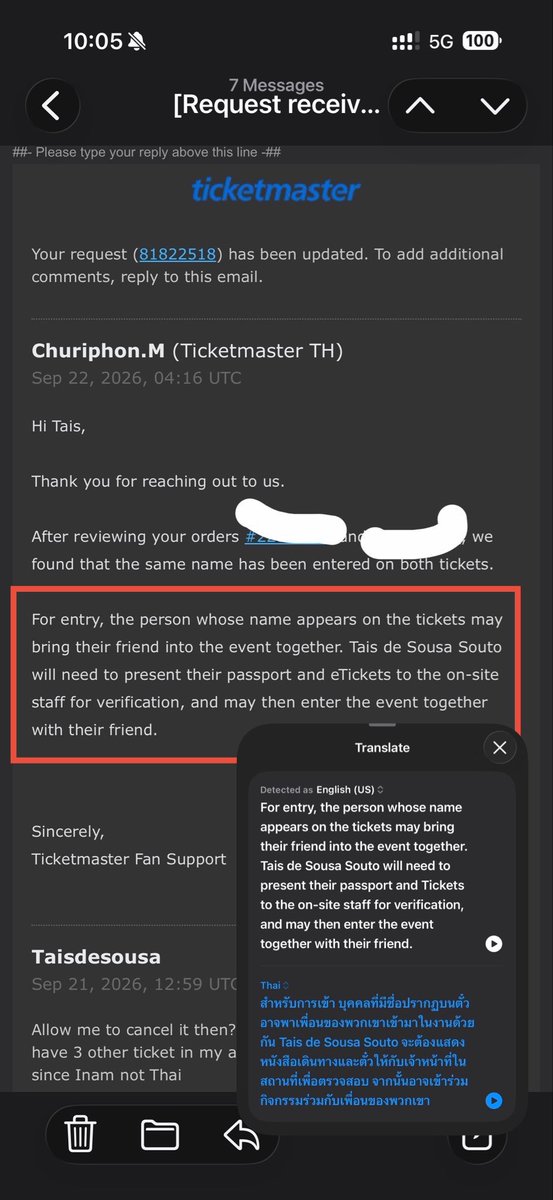 dwaekkiyahcute's tweet photo. ยังไงกันแน่ ก่อนขายบัตรบอก1คนมีชื่อบนบัตรได้แค่1ใบต่อ1รอบการแสดงเท่านั้น ไม่งั้นจะไม่ให้เข้า
แต่คนนี้ทักเมลว่ามีชื่อซ้ำบนบัตร2ใบในรอบเดียวกัน จนท.ตอบว่าเข้าได้แค่ให้เจ้าของชื่อจับมือพาเข้า+โชว์หลักฐานเจ้าของชื่อ 
มาเคลียร์กันหน่อยดิ๊ @livenationth @ThaiTicketMajor #RUN_IT_BANGKOK https://t.co/SByLFmepL7